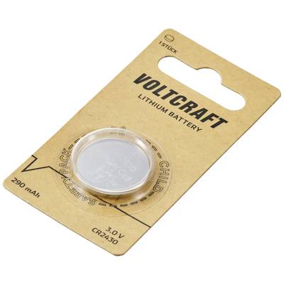 Lithiová knoflíková baterie značky Voltcraft na papírové kartě s udávanou kapacitou 290 mAh a napětím 3,0 V, model CR2430.