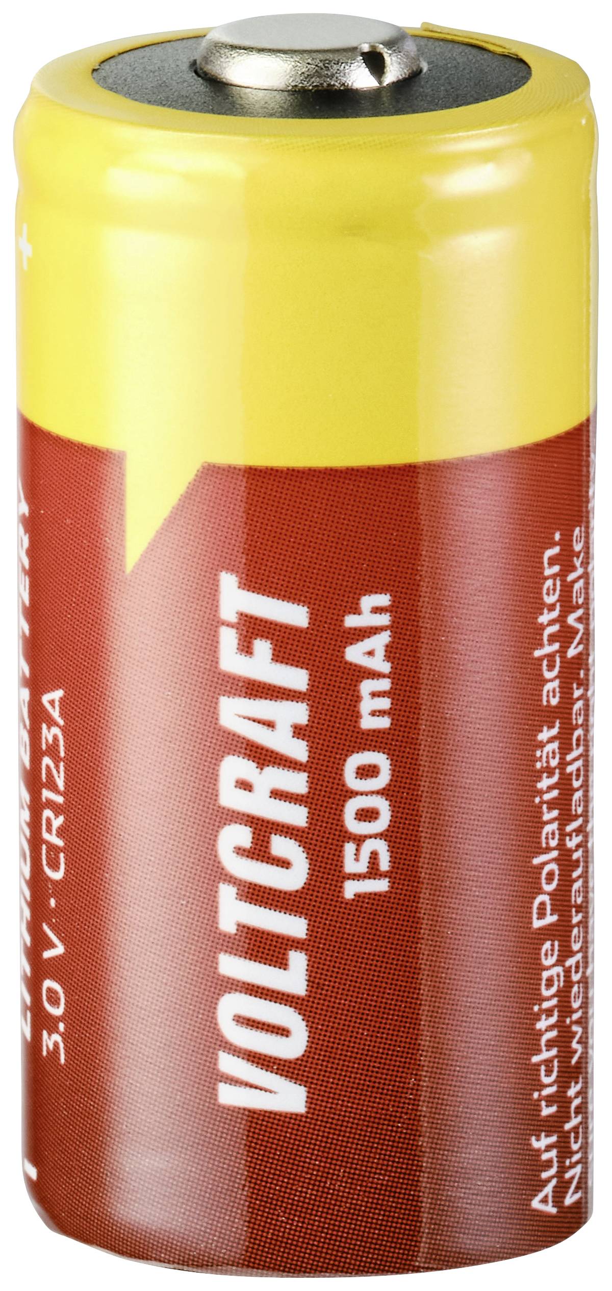 Žluto-červená baterie značky Voltcraft s kapacitou 1500 mAh.