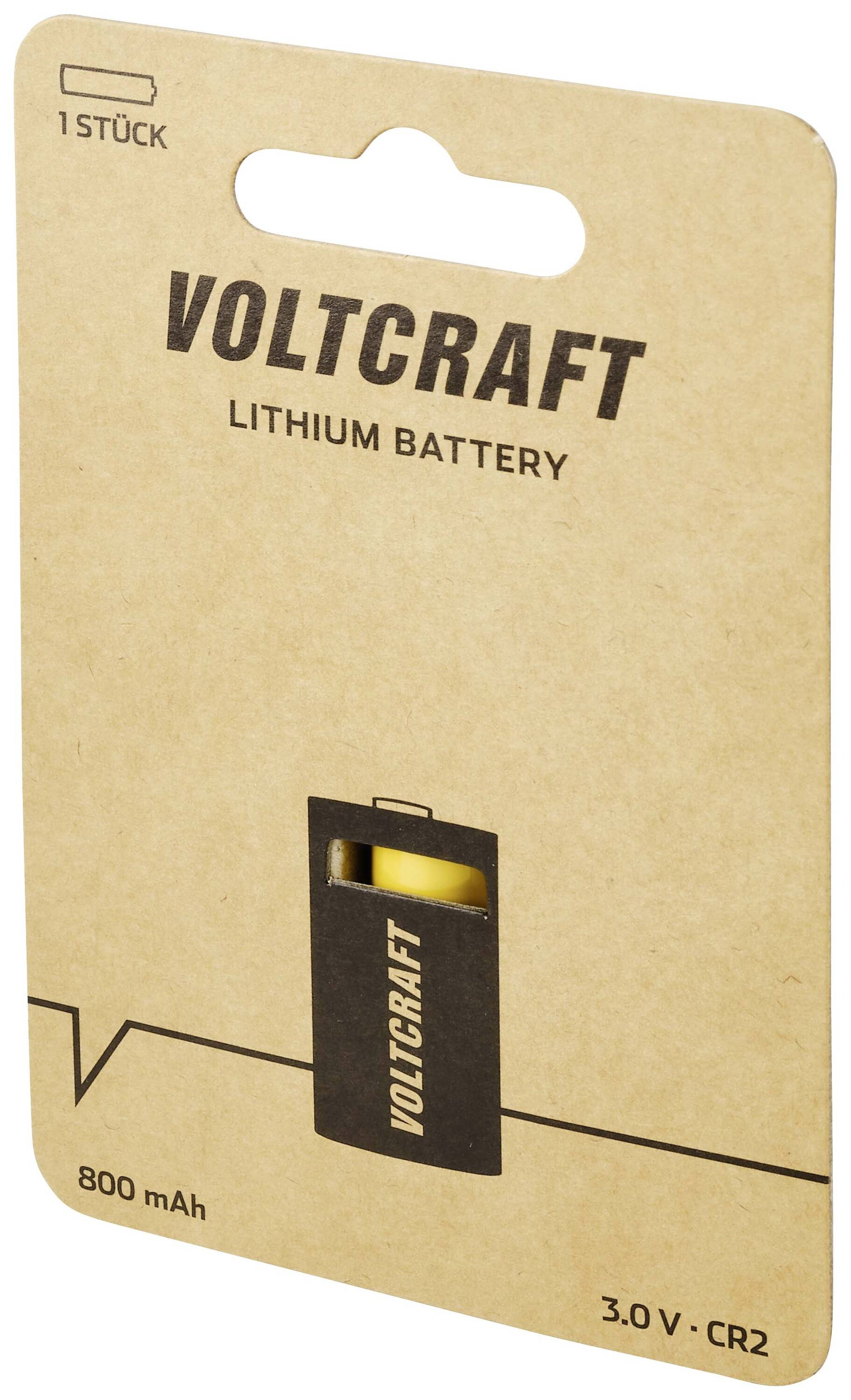 Obal baterie Voltcraft Lithium, 1 kus, 3,0 V CR2, kapacita 800 mAh. Obal je hnědý s černým textem.