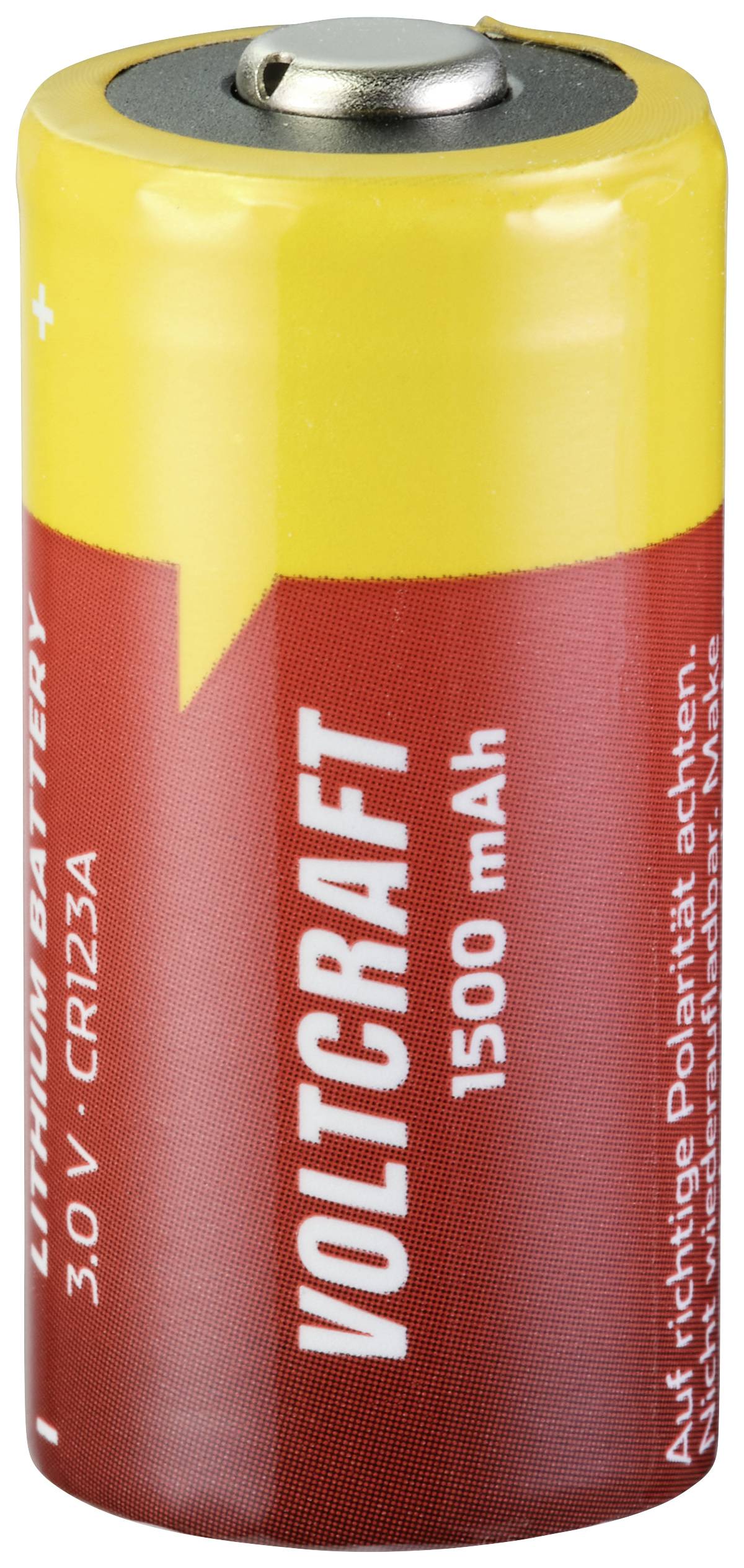 Lithiová baterie, značka Voltcraft, 3,0 V CR123A, kapacita 1500 mAh. Hlavní barvy: žlutá a červená.