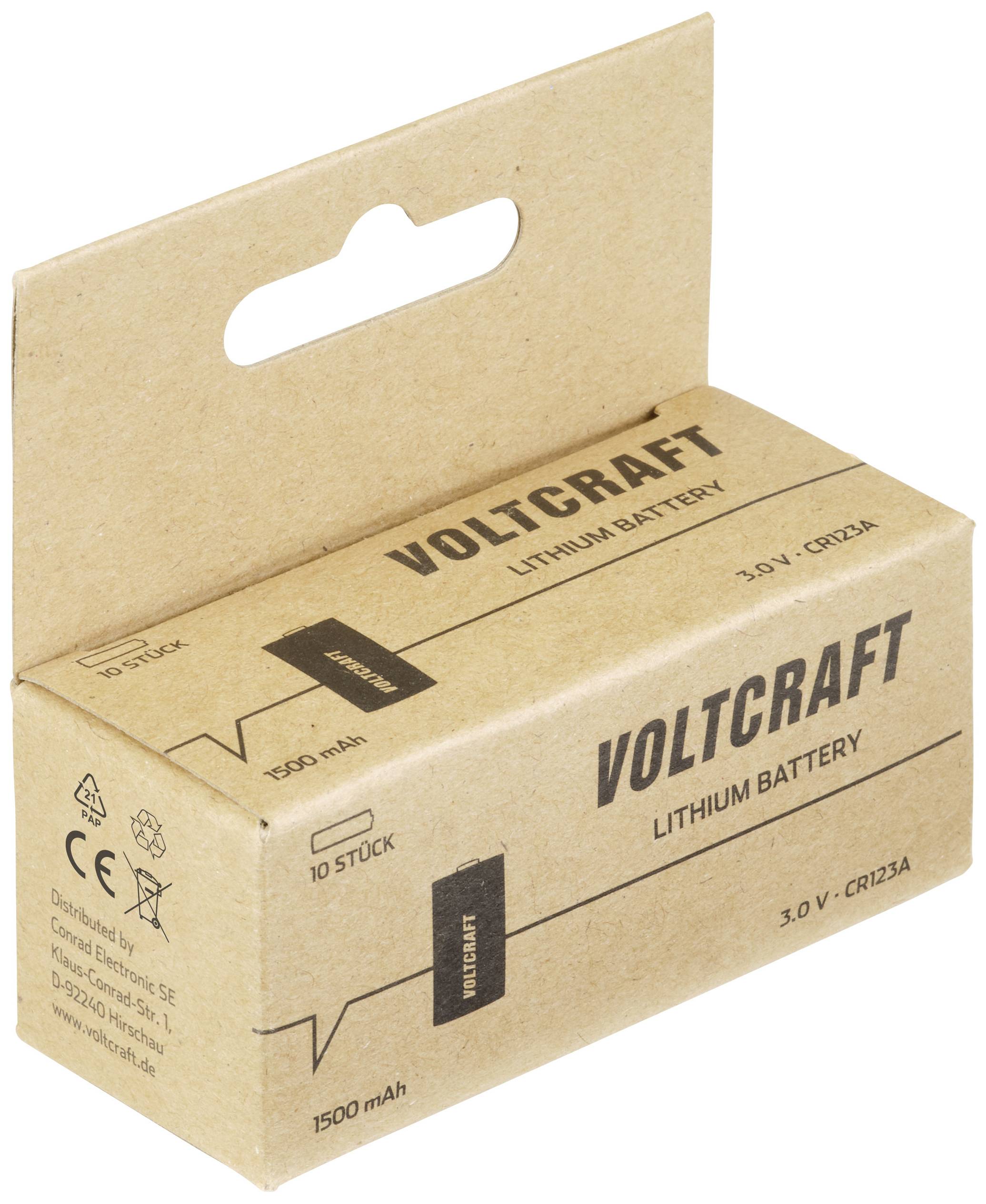 Papírová krabička s potiskem 'Voltcraft Lithium Battery, 3.0V CR123A, 1500 mAh'. Zobrazuje technické symboly a logo značky.