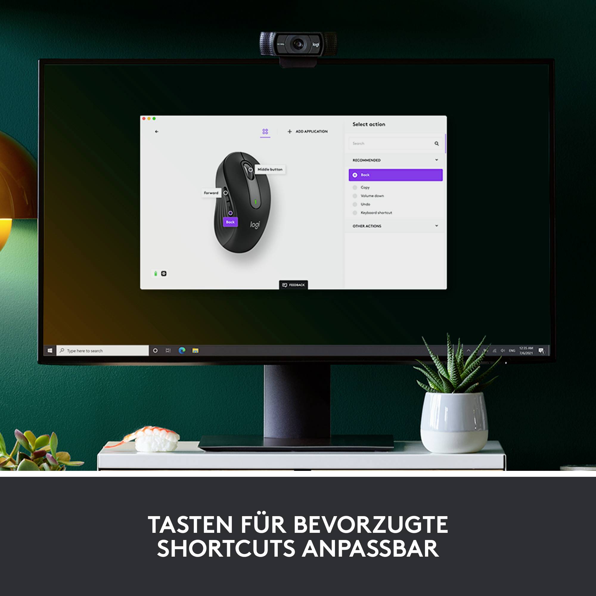 Počítačový monitor zobrazuje software pro nastavení myši. Text pod ním: 'Přizpůsobení kláves pro oblíbené klávesové zkratky'.