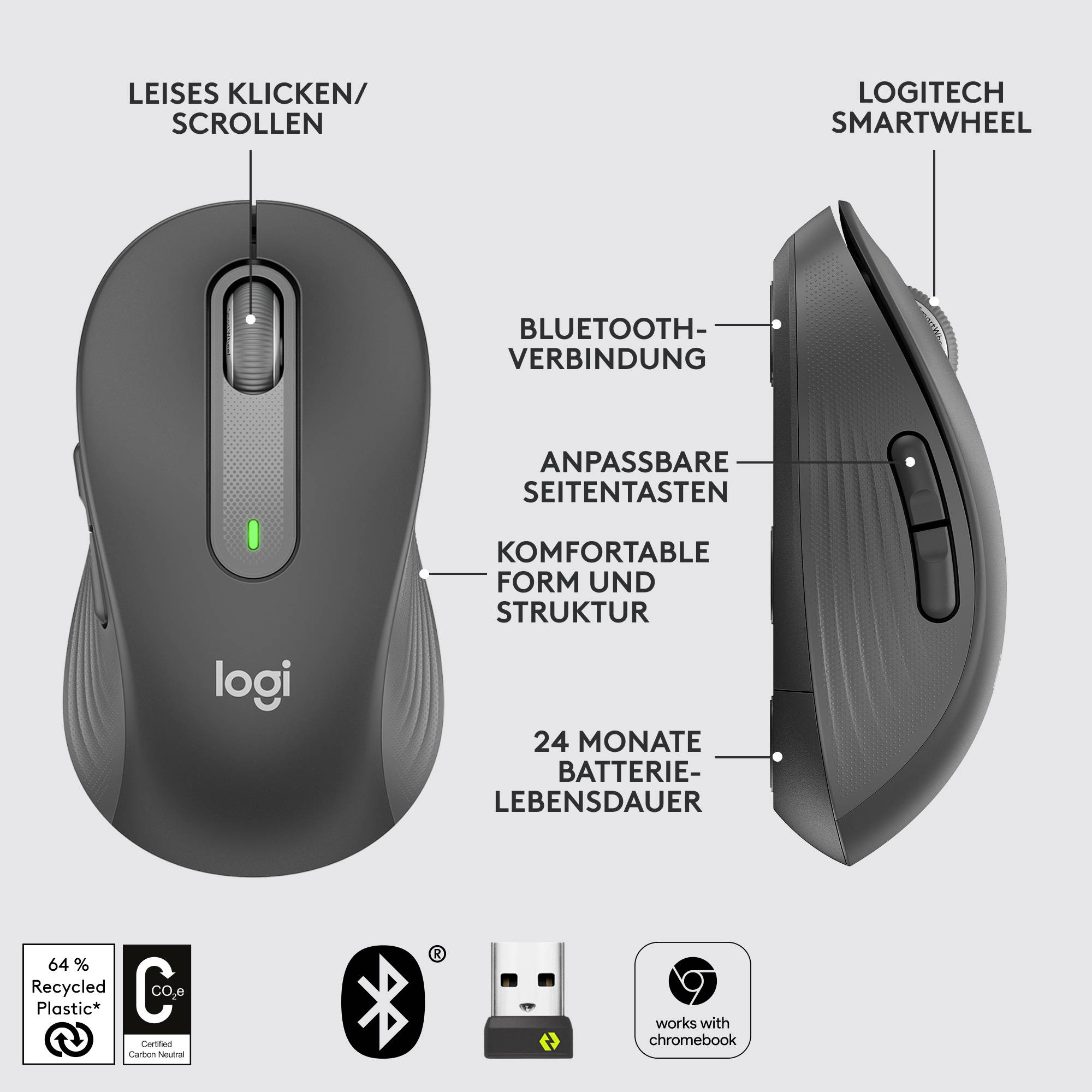 Myš Logitech Smartwheel s tichým klikajícím kolečkem, připojením Bluetooth, přizpůsobitelným postranním tlačítkem a výdrží baterie 24 měsíců.