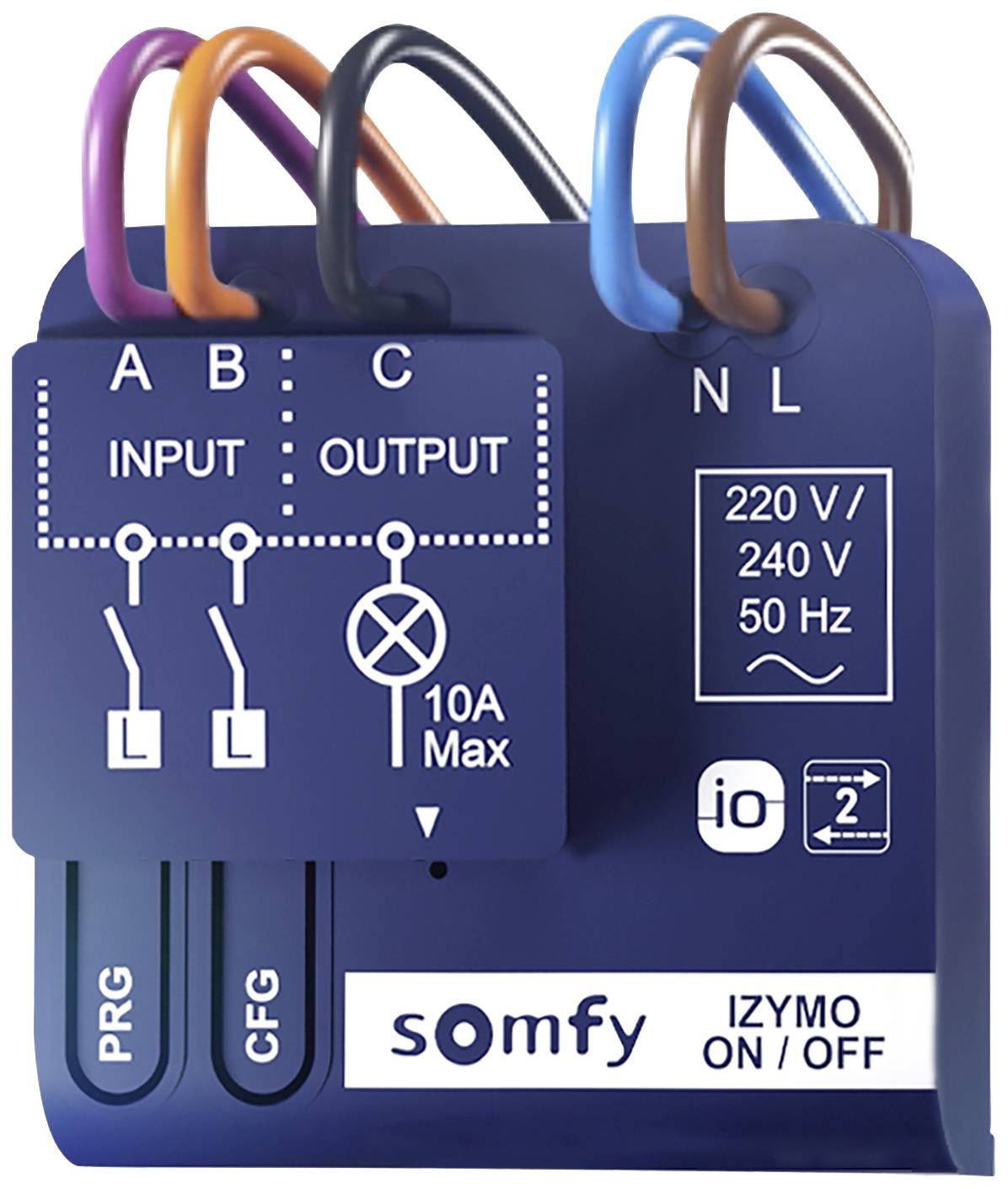 Elektrický připojovací modul s barevnými vodiči, označený jako 10A Max, 220V/240V, 50Hz. Značka 'Somfy'.
