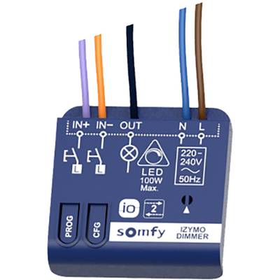 'Somfy IzyMo Dimmer' zobrazuje přípojky s barevně kódovanými vodiči (černá, modrá, hnědá, oranžová, fialová) a popisy pro napájení a ovládání.