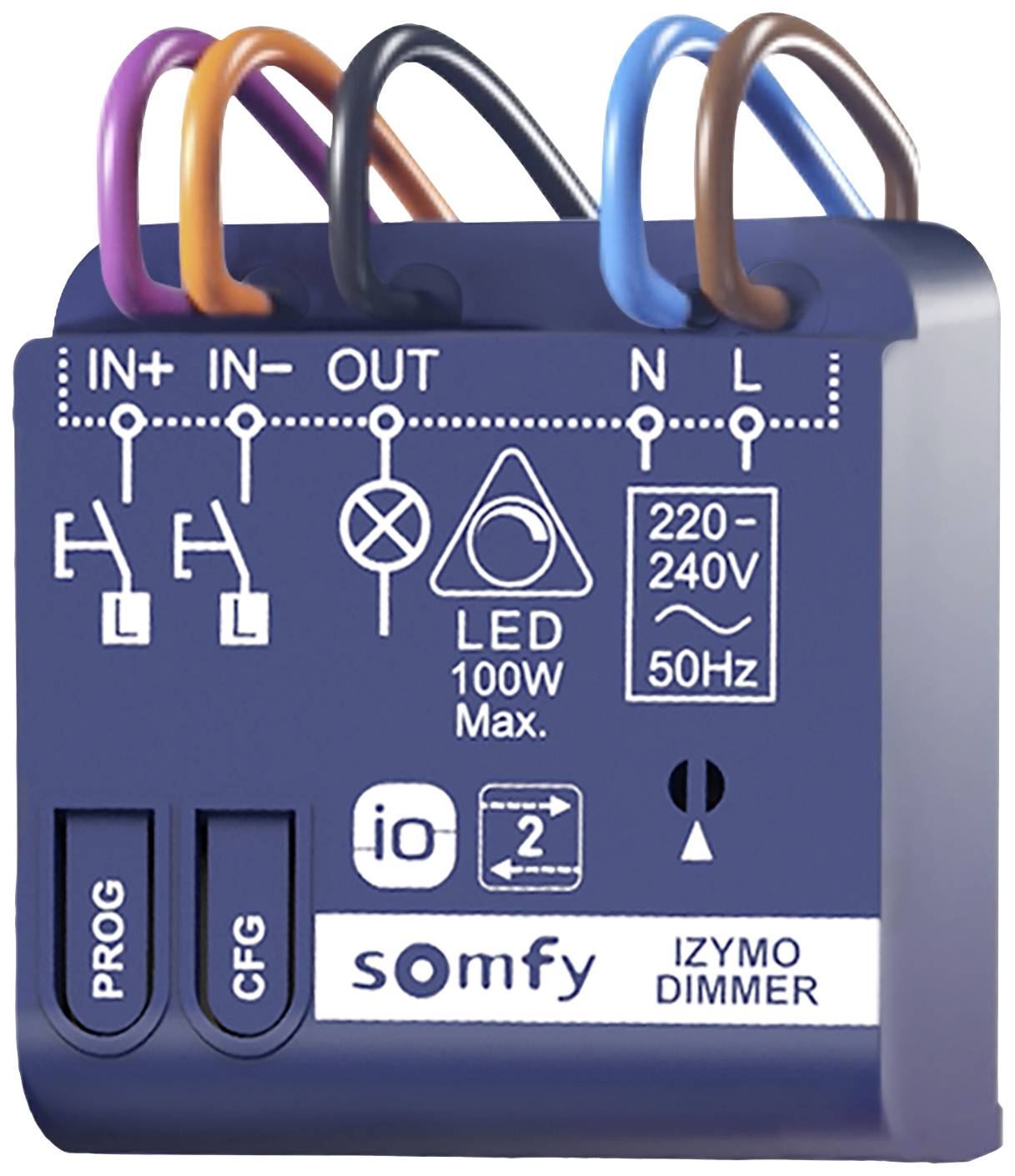 Modrý modul s připojenými kontakty pro 'IN+', 'IN-', 'OUT', označený pro ovládání stmívače LED, s logem Somfy.