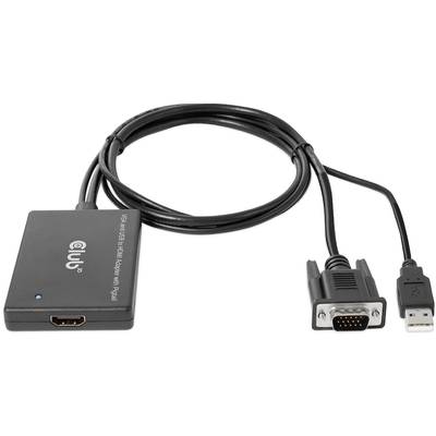 Černý lesklý adaptér: HDMI konektor na VGA kabel s USB připojením pro napájení. Propojuje HDMI zařízení s VGA displeji.