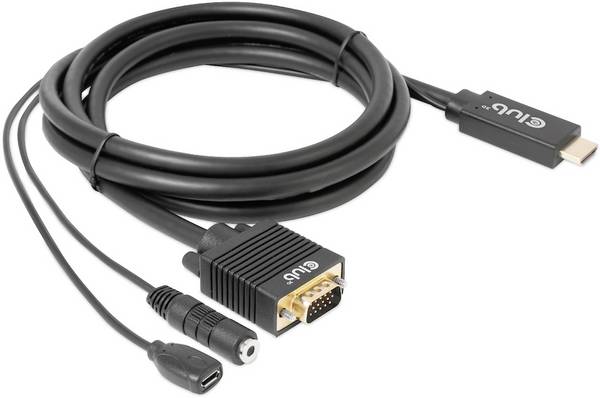 club3D HDMI / jack / micro USB B / VGA kabelový adaptér Zástrčka HDMI-A, Zásuvka jack 3,5 mm , USB Micro-B zásuvka, VGA pólové Zástrčka 2.00 m černá CAC-1712 s USB, lze šroubovat, pozlacené kontakty HDMI kabel