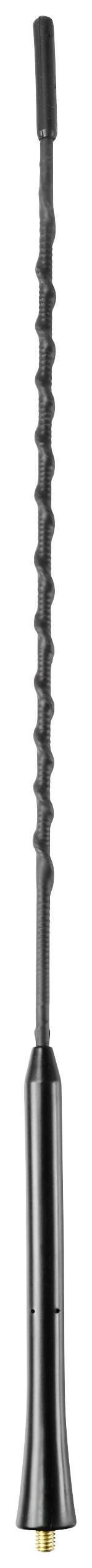 Černá flexibilní anténa s vlnovitým designem a úzkým připojením na spodním konci. Vhodná pro rádiová nebo mobilní zařízení.