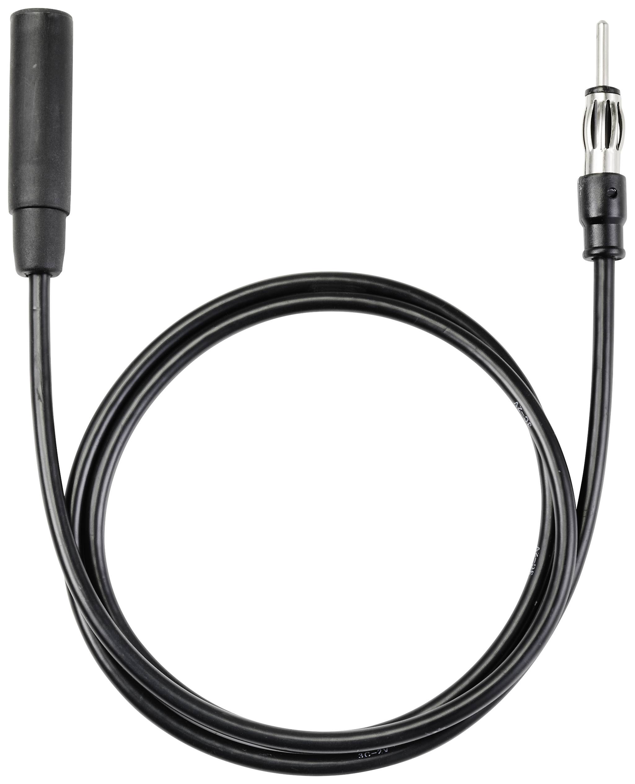 Kabel s černou plastovou zástrčkou na jedné straně a kovovým konektorem na straně druhé, na bílém pozadí.
