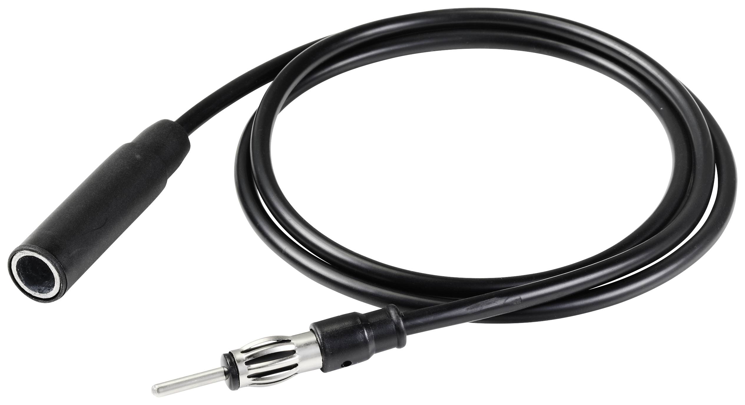 Černý kabel s jackovým konektorem na jedné straně a anténním konektorem na straně druhé, určený k propojení zařízení.