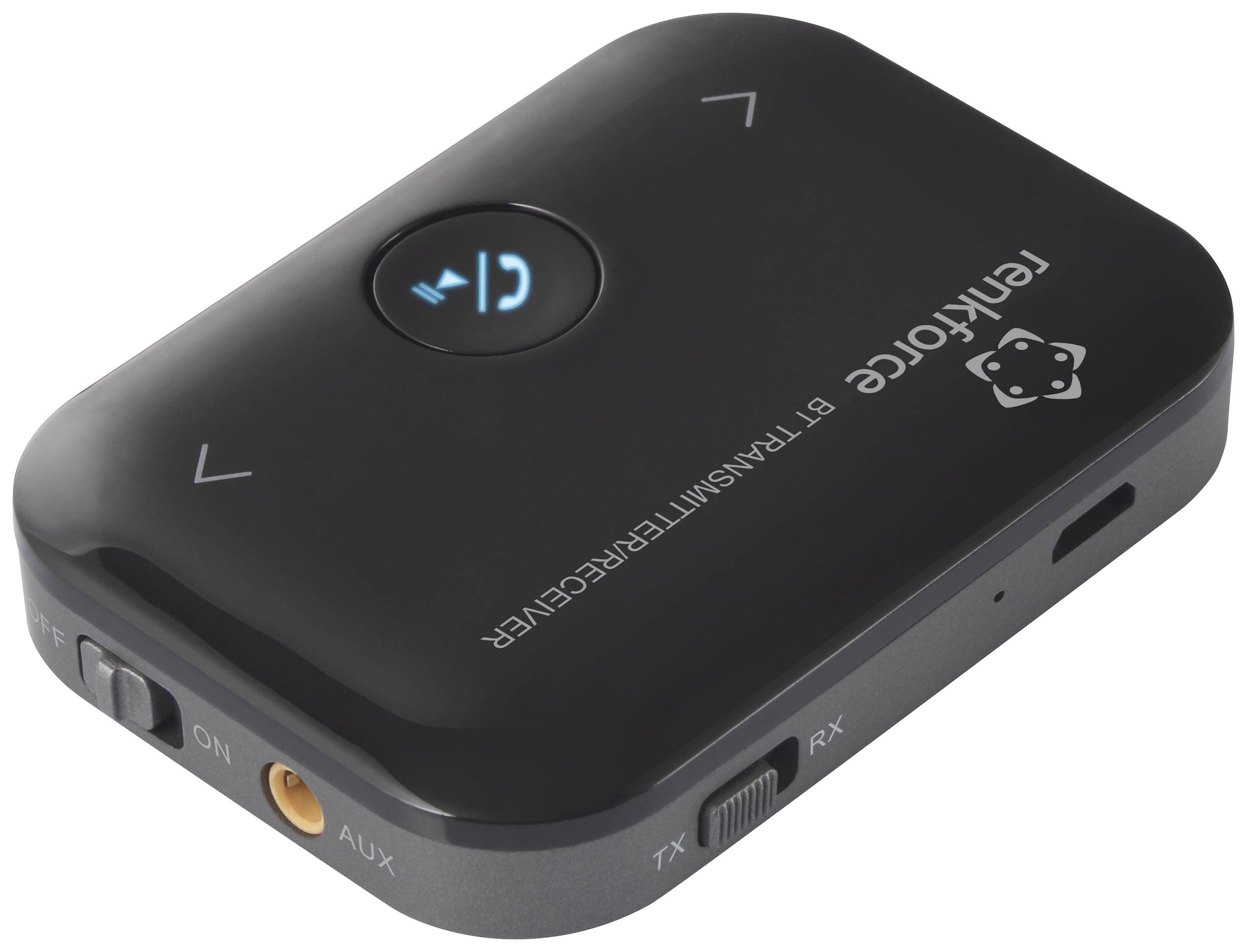 Černý Bluetooth vysílač s vypínačem, aux vstupem a ovládacími tlačítky na horní straně.