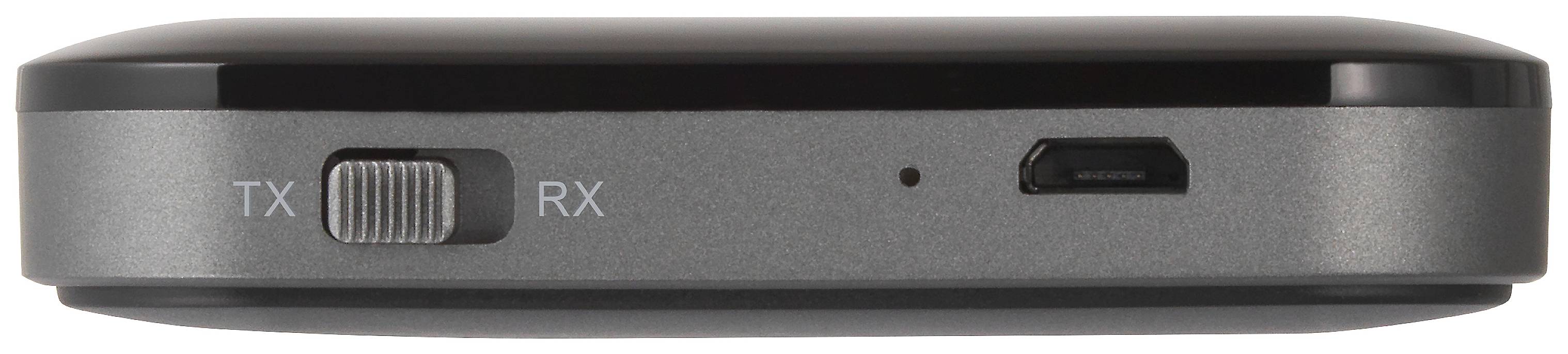 Malé černé elektronické zařízení s přepínačem, označené štítky 'TX' a 'RX', s miniaturním USB konektorem.