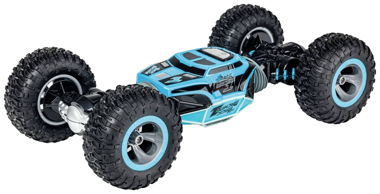 Modře-černé dálkově ovládané auto s velkými terénními pneumatikami, vhodné pro offroad dobrodružství.