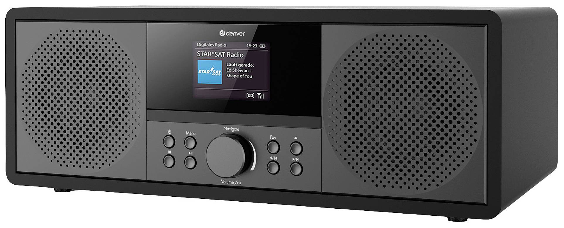 Černé digitální rádio se dvěma reproduktory a displejem uprostřed. Display zobrazuje nápis 'STAR*SAT Radio'.