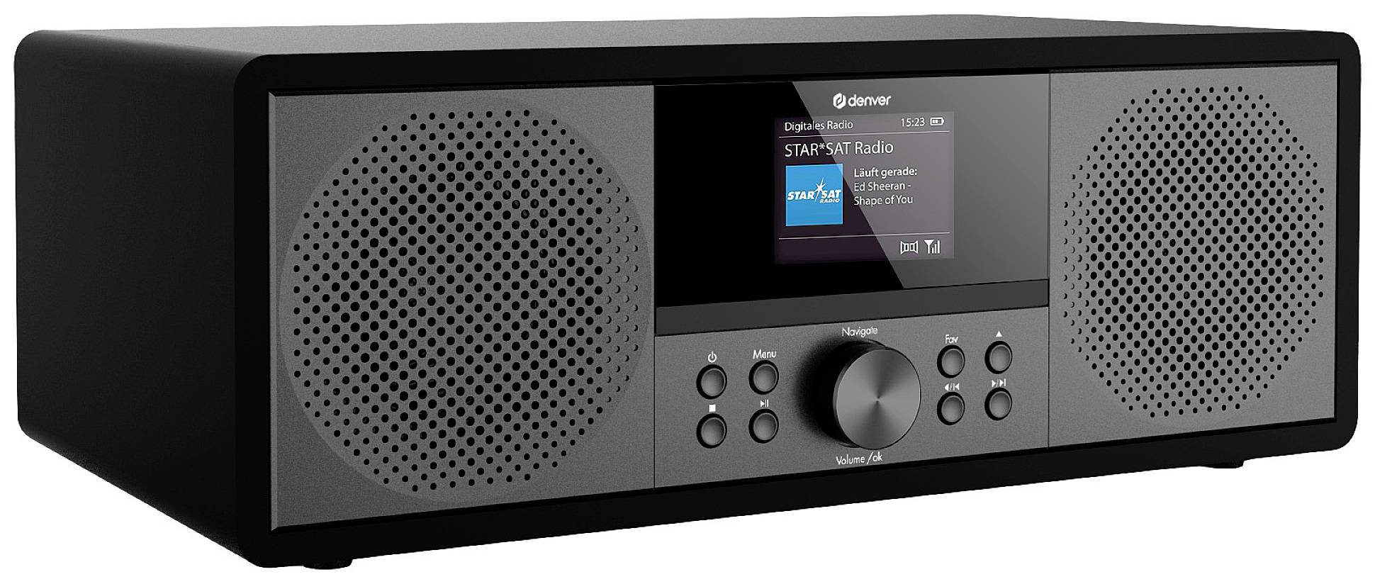 Černé přenosné rádio se dvěma reproduktory, obrazovkou uprostřed, několika tlačítky a otočným ovladačem pod ní.
