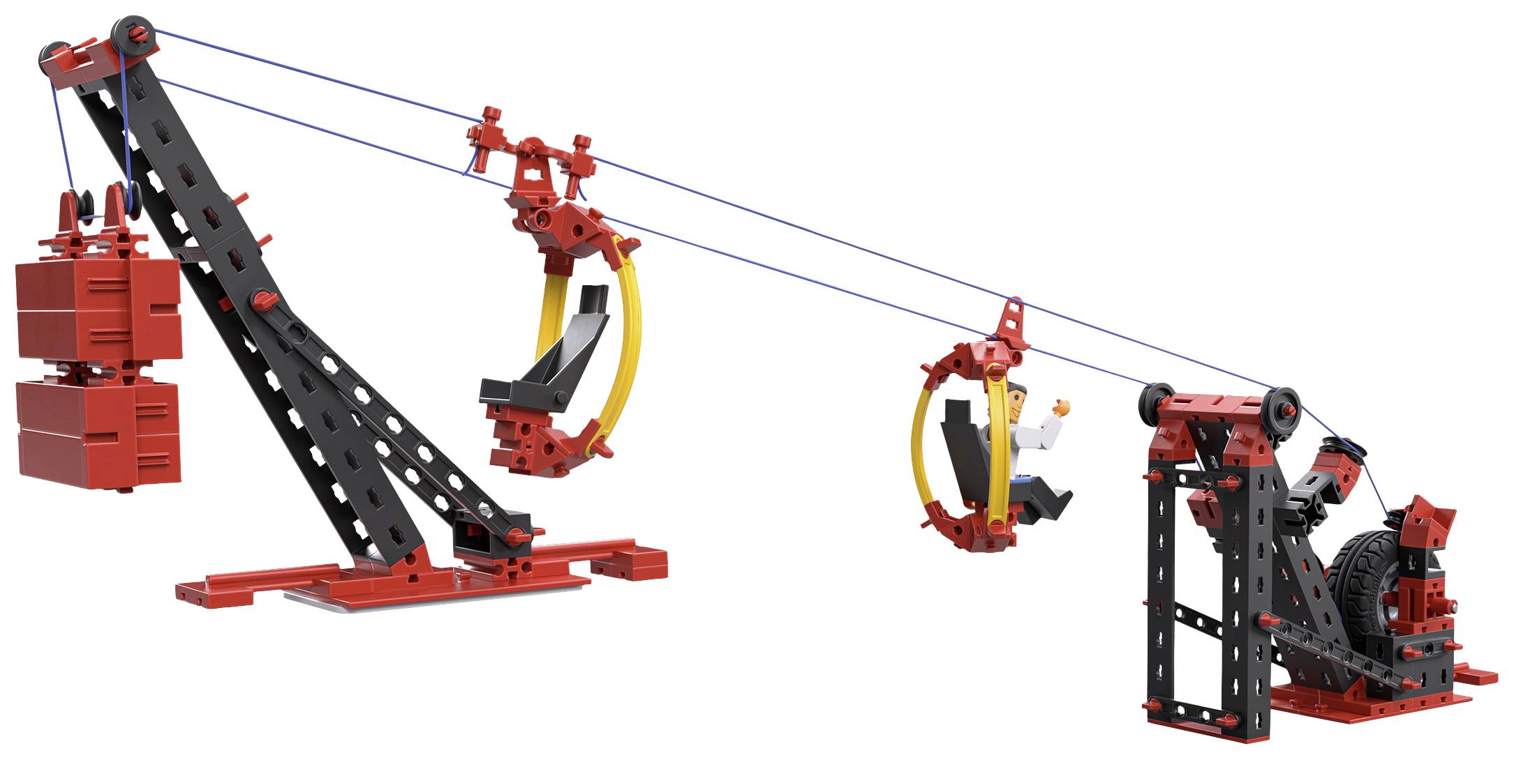 Lego Technic model motorového jeřábového systému s lanovou dráhou a dvěma pohyblivými rameny pro konstrukční simulaci.