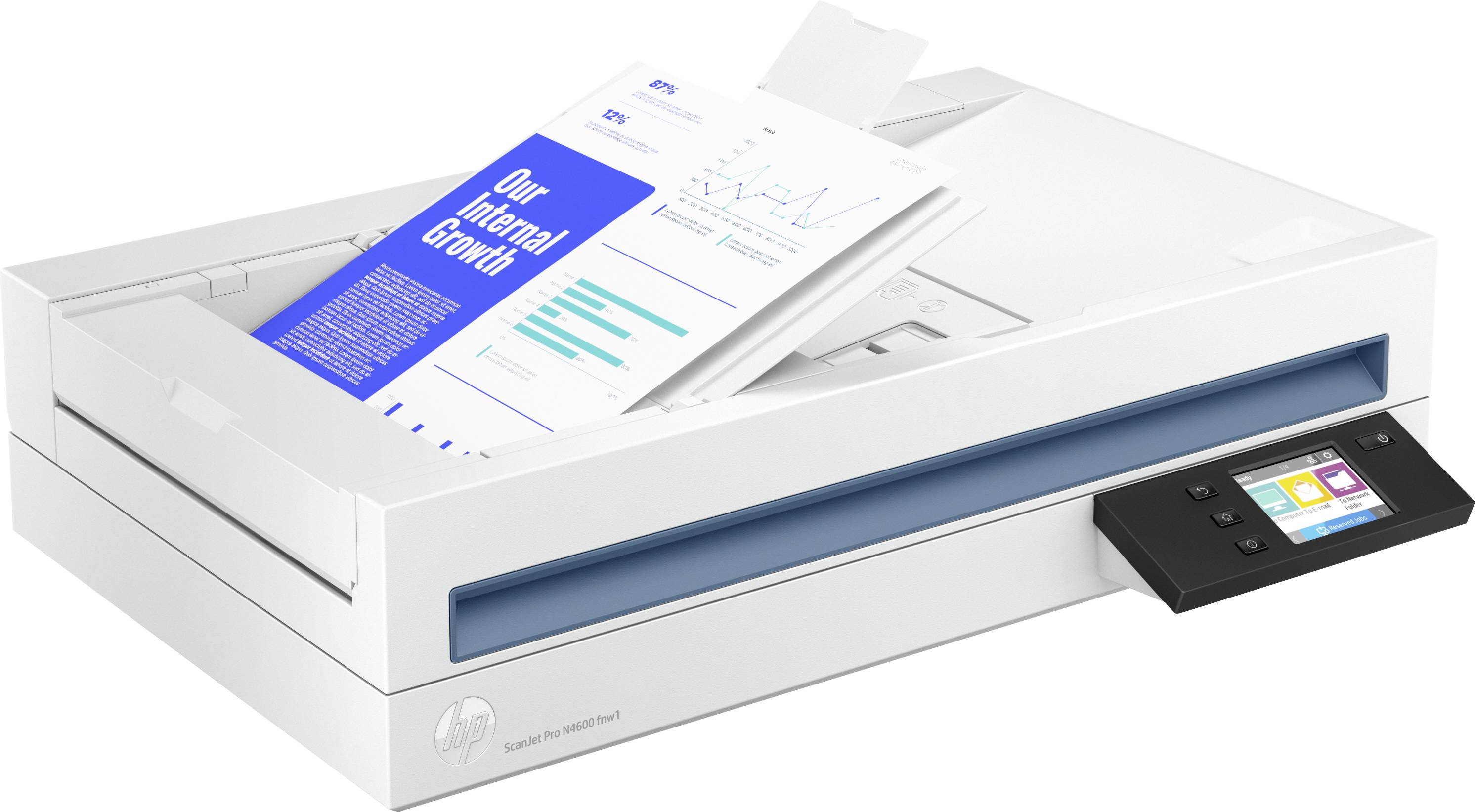 Moderní plochý scanner digitalizuje dokument s názvem 'Náš interní rozvoj'. Displej zobrazuje možnosti ovládání.