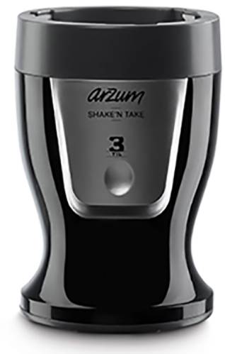 Černý stojanový mixér Arzum s nápisem 'Shake'N Take' pro rychlou přípravu nápojů a smoothies.