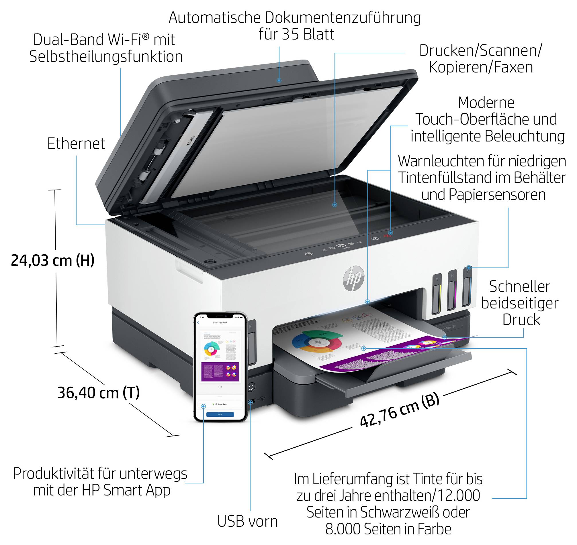 HP Smart Tank 7605 All-in-One multifunkční tiskárna inkoustová barevná A4 tiskárna, skener, kopírka, fax Tintentank syst-4