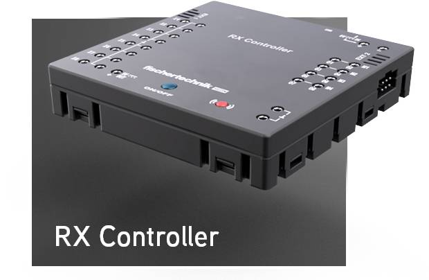Černý RX Controller s několika připojovacími možnostmi a LED indikátory. Název značky a nápis "RX Controller" jsou viditelné.