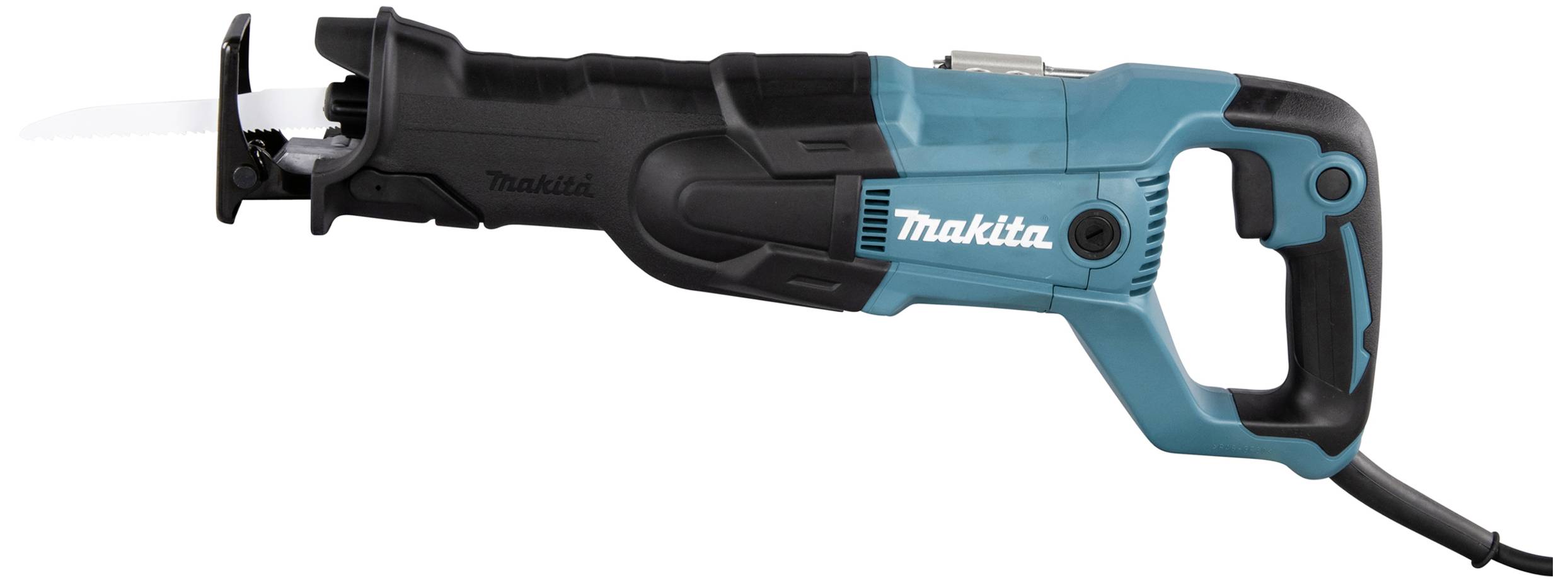 Elektrická pila ocaska značky Makita v černé a modré barvě s nasazeným pilovým listem, vhodná pro různé řezací práce.