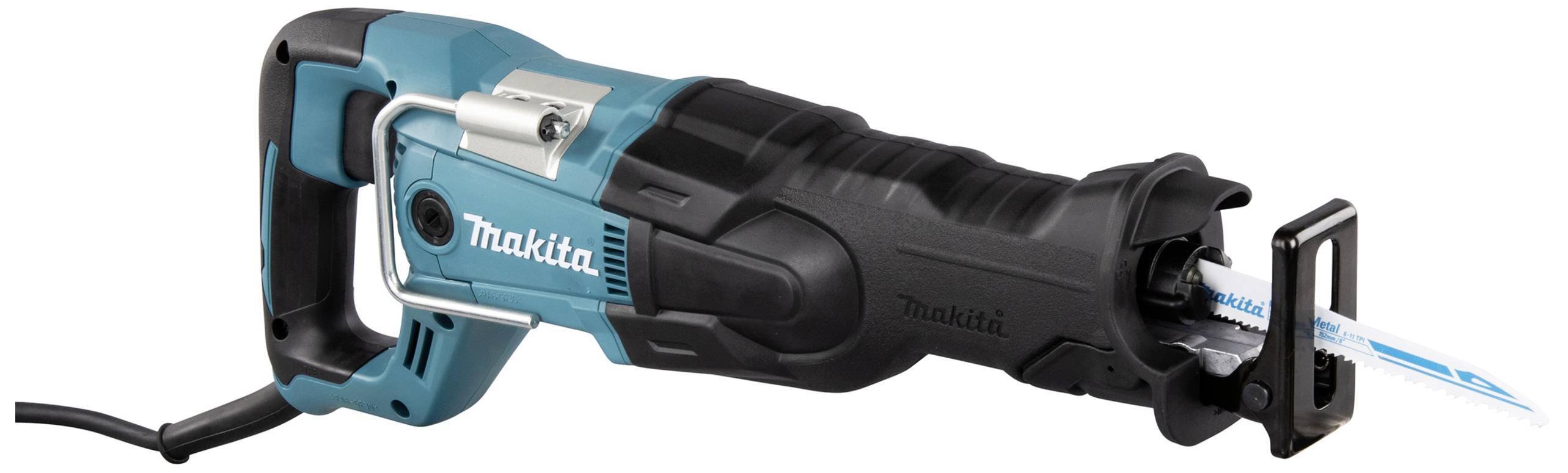 Elektrická ocasová pila s černou rukojetí a modrým tělem od značky Makita, vhodná pro práci se dřevem i kovem.