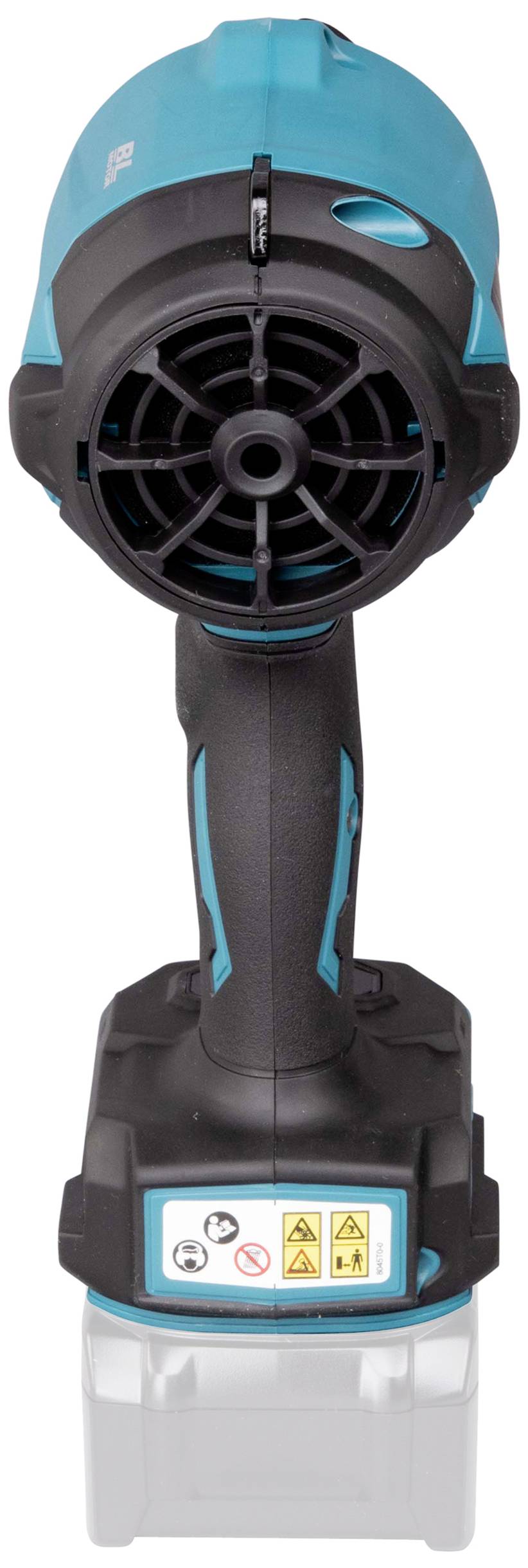 Akumulátorový horkovzdušný ventilátor v tyrkysové a černé barvě, pohled zepředu, s větracím otvorem a jednotkou baterie umístěnou níže.