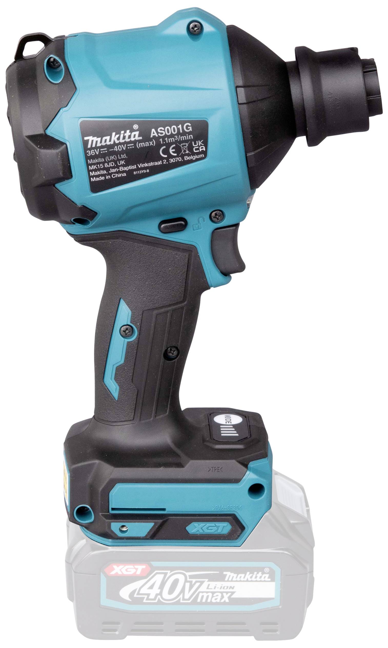 Modrý a černý akumulátorový rázový utahovák s nápisem 'Makita AS001G', 40V max Li-Ion, vhodný pro těžké práce.