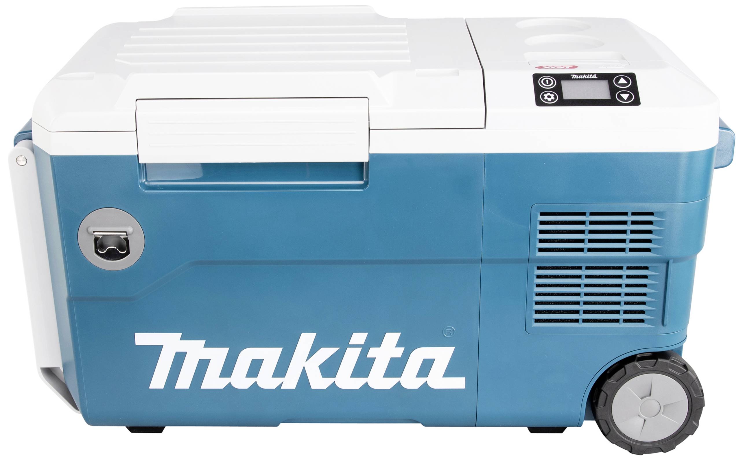 Modrý chladící a topný box Makita s madlem a kolečky. Nahoře ovládací panel s LCD displejem. Ideální pro venkovní aktivity.