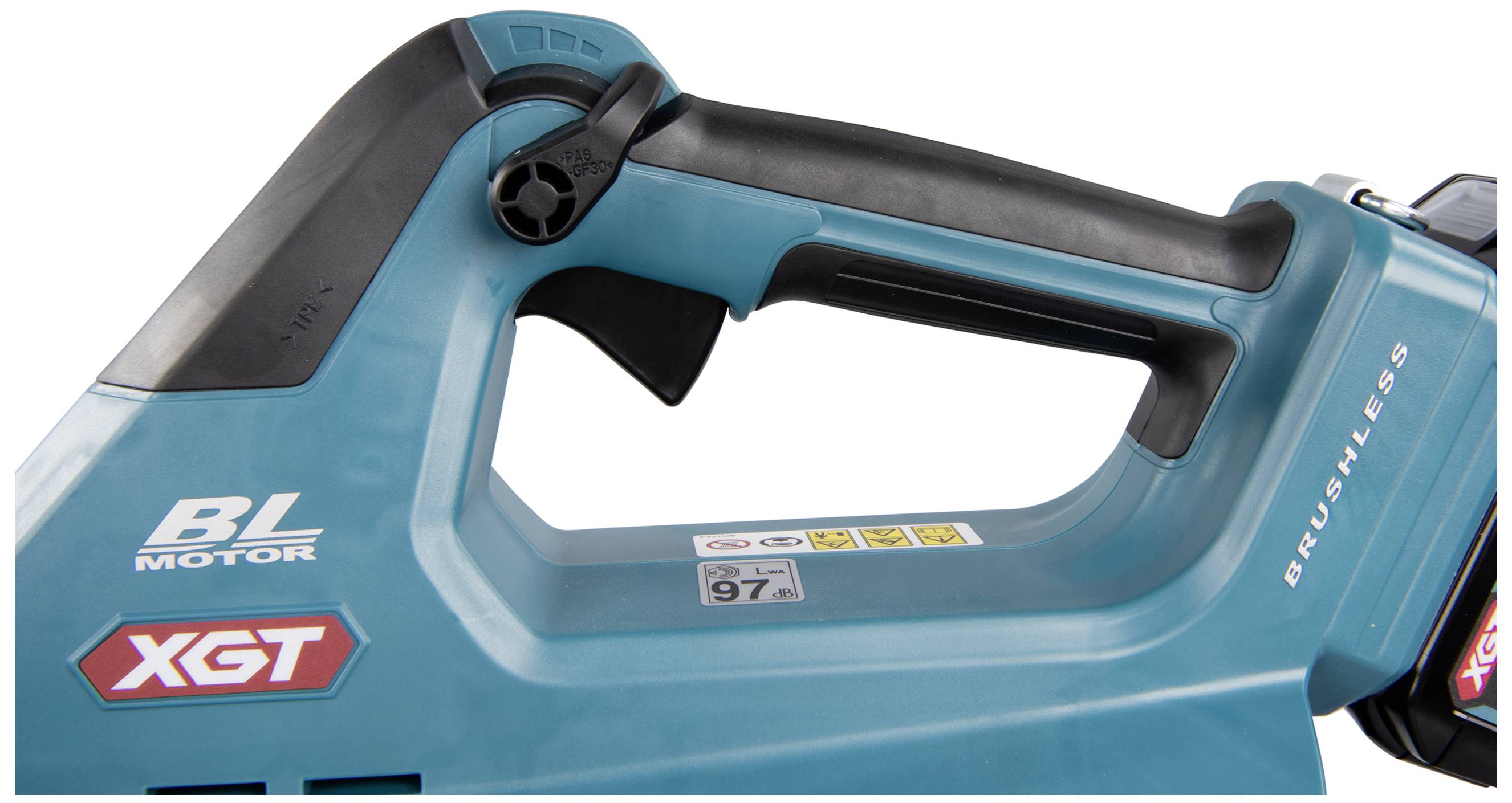 Modrá rukojeť stroje s nápisem 'XGT' a 'BL MOTOR'; zobrazuje ergonomický design a funkční tlačítka.