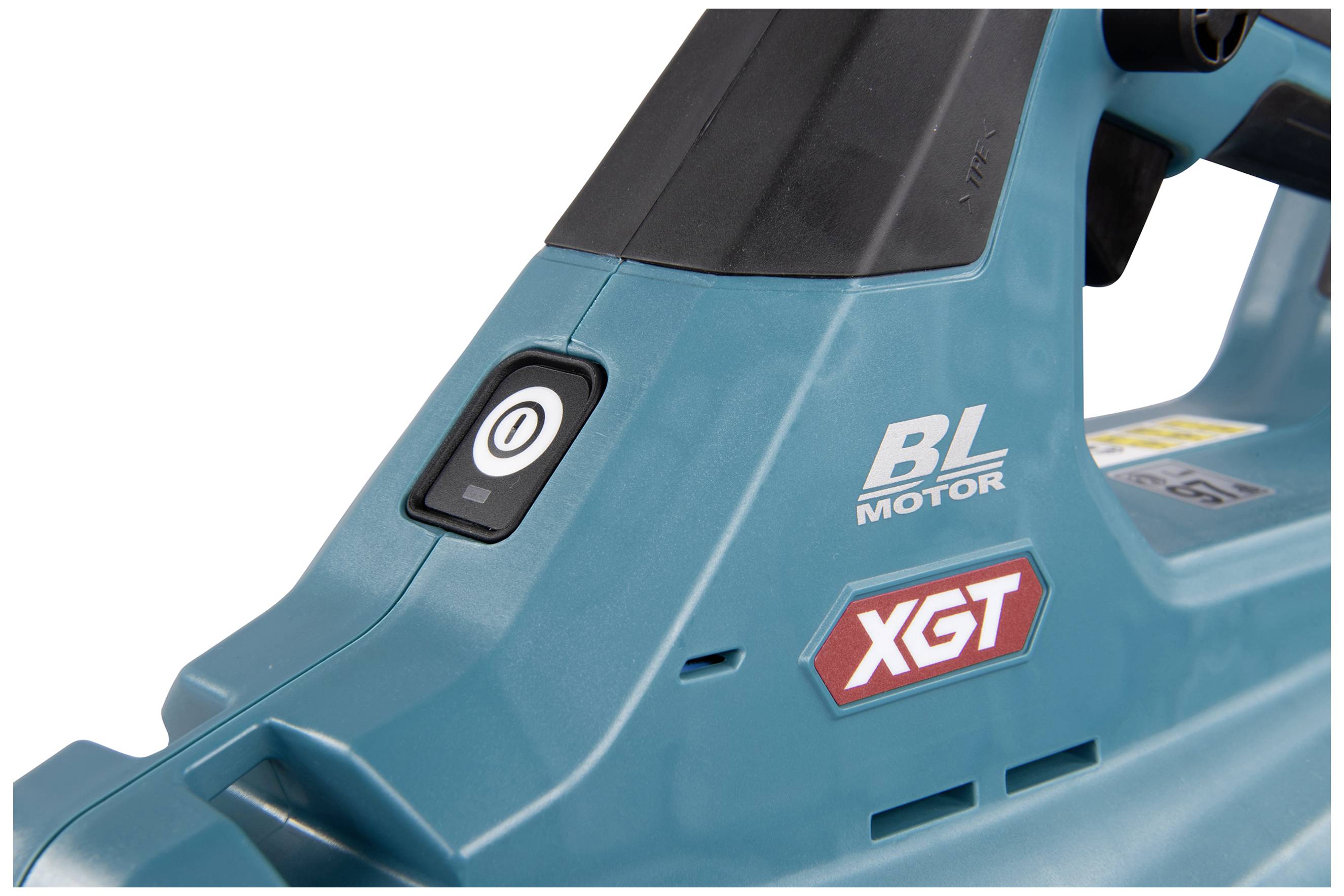 Modrá elektrická rukojeť nástroje s kulatým zapínacím tlačítkem. Nápisy: 'BL Motor' a 'XGT'.