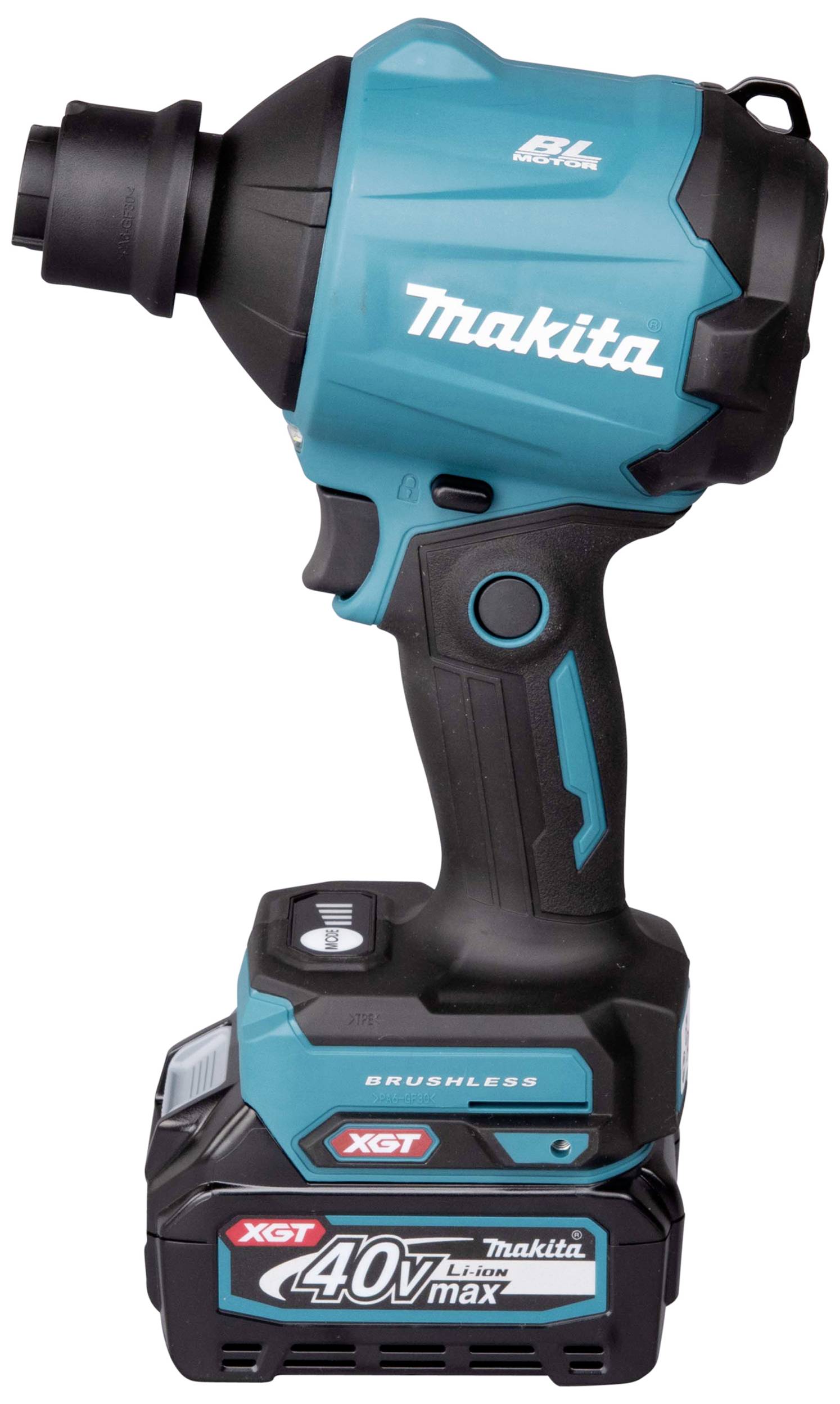 Bezdrátový, modro-černý rázový utahovák Makita s 40V akumulátorem. Ideální pro stavební a DIY práce.