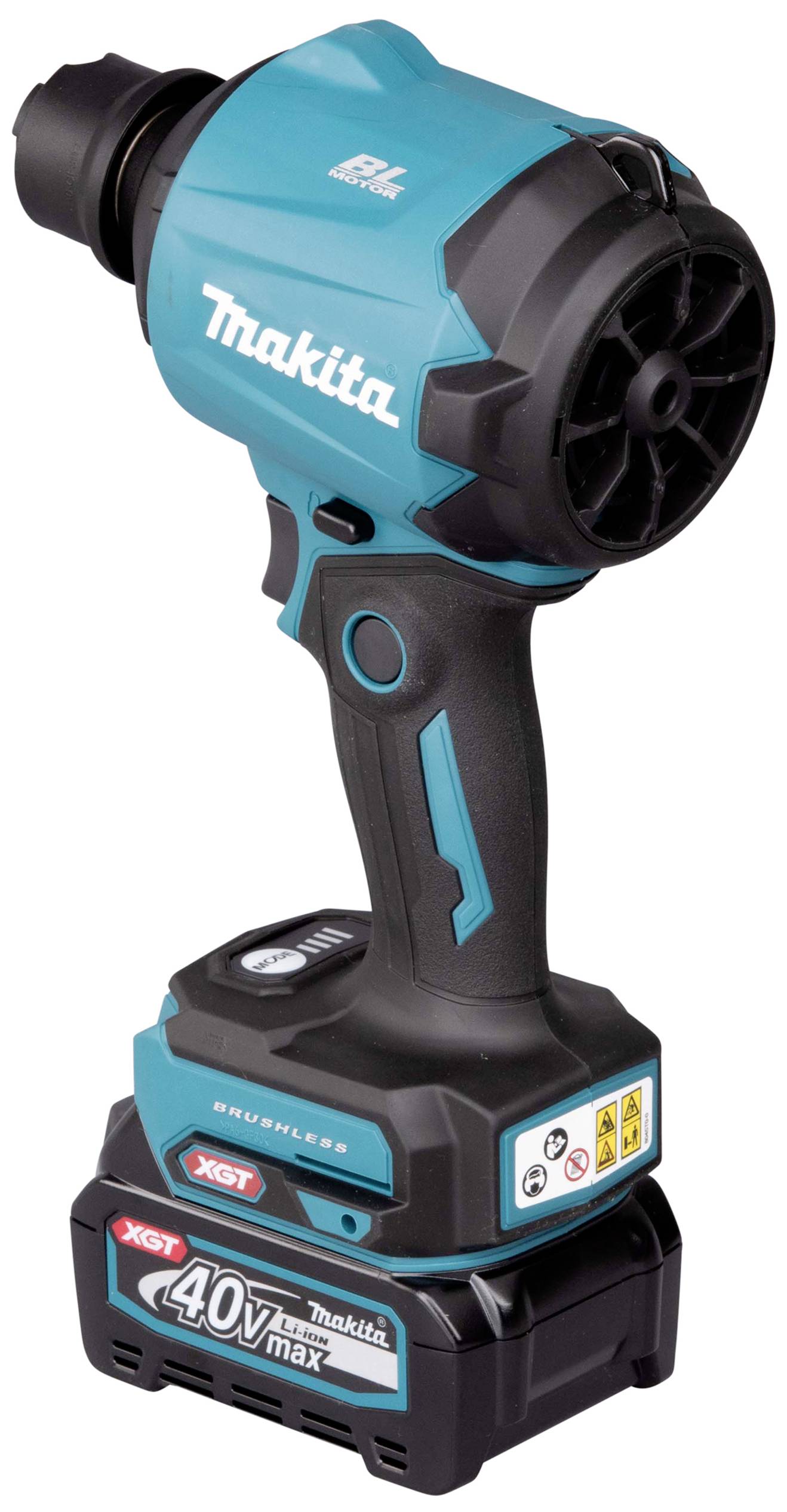 Bezdrátový ventilátor Makita s modrým tělem a černou rukojetí, poháněný akumulátorem 40V Max XGT.