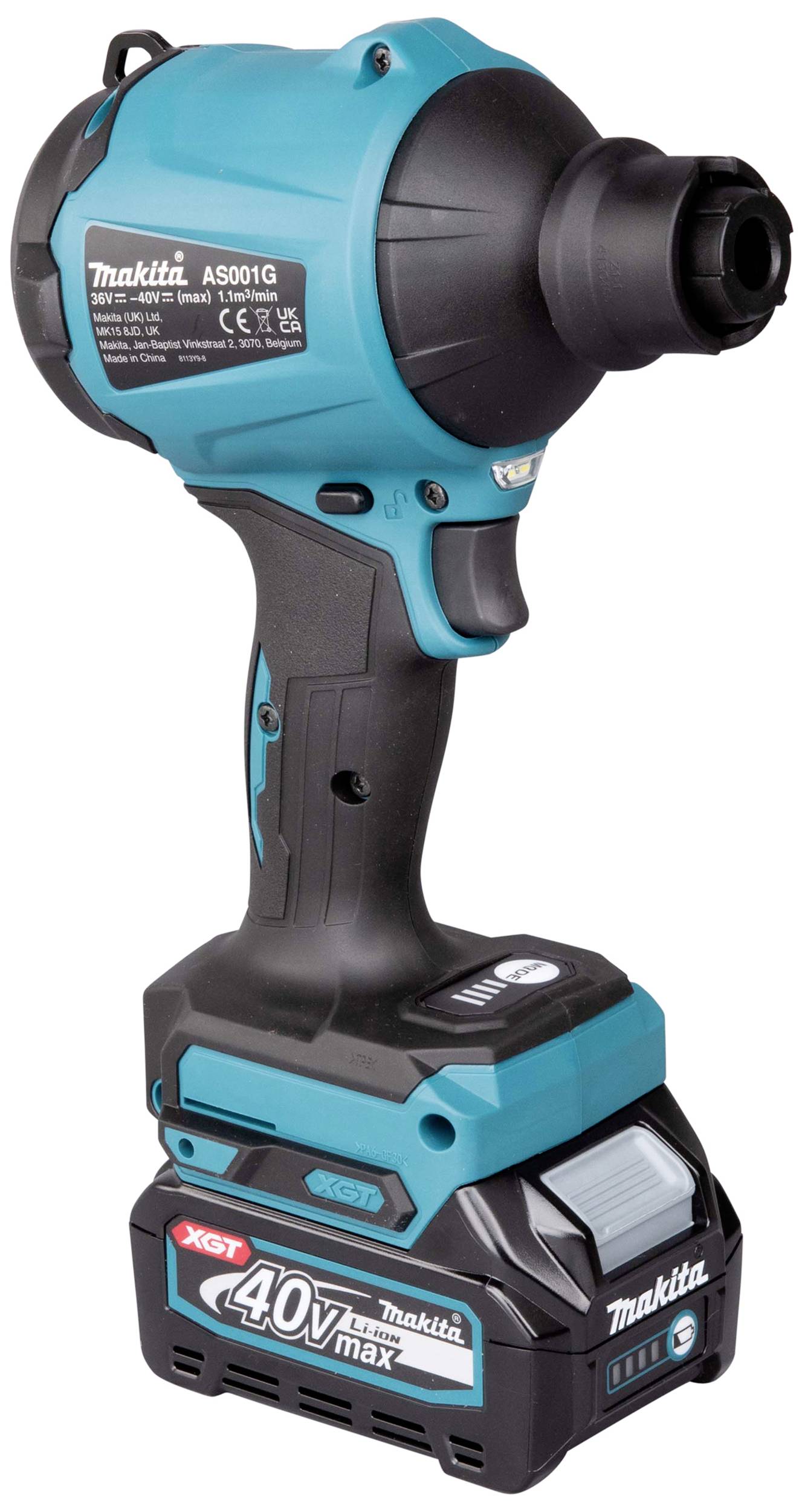 Akumulátorový trhací nýtovací přístroj Makita XGT 40V Max A5001G v tyrkysové a černé barvě, bezdrátový s ergonomickou rukojetí a robustní konstrukcí.