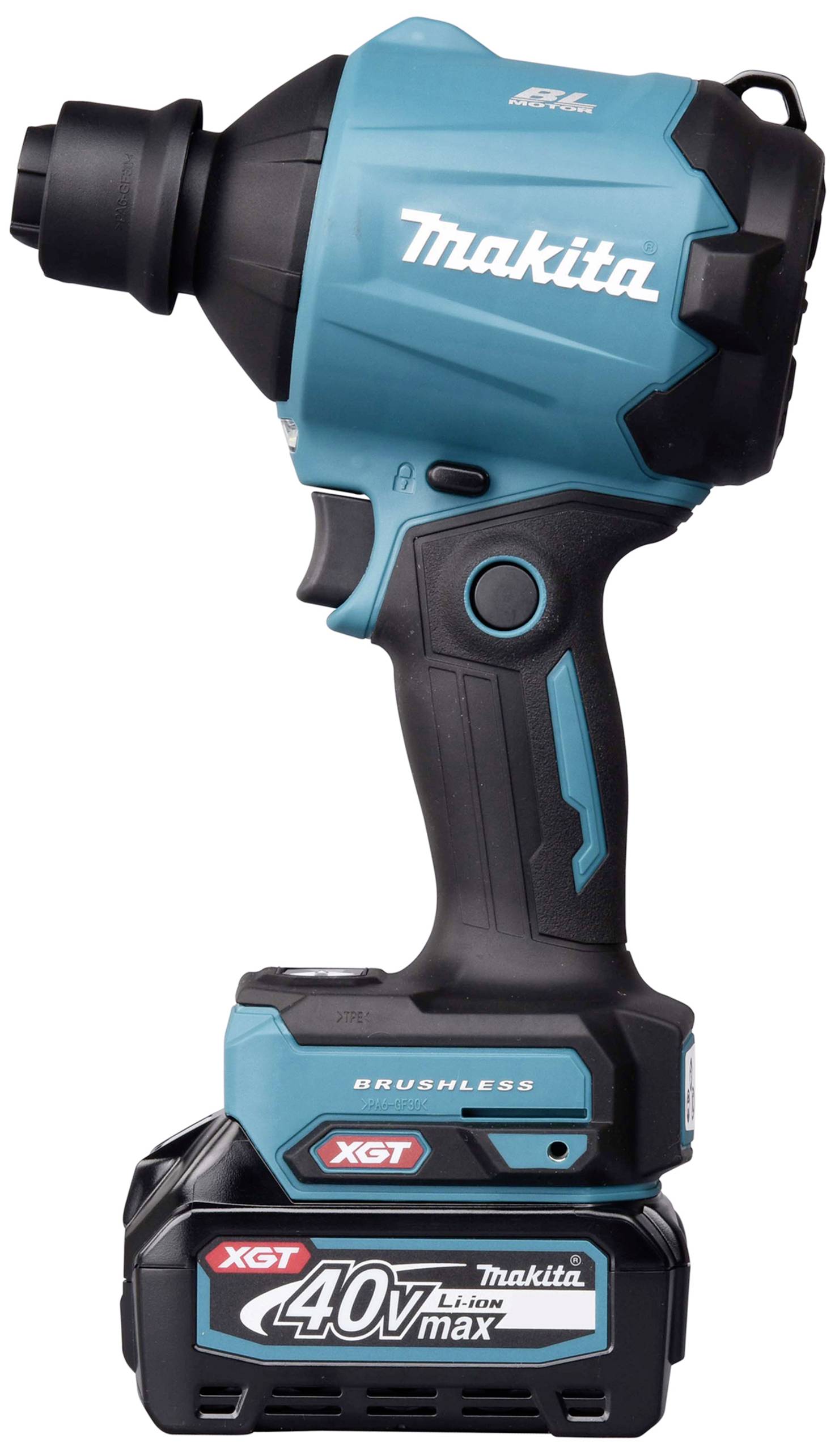 Rázový utahovák Makita s maximálním výkonem 40V a bezuhlíkovým motorem, modročerný design, pohled z boku.
