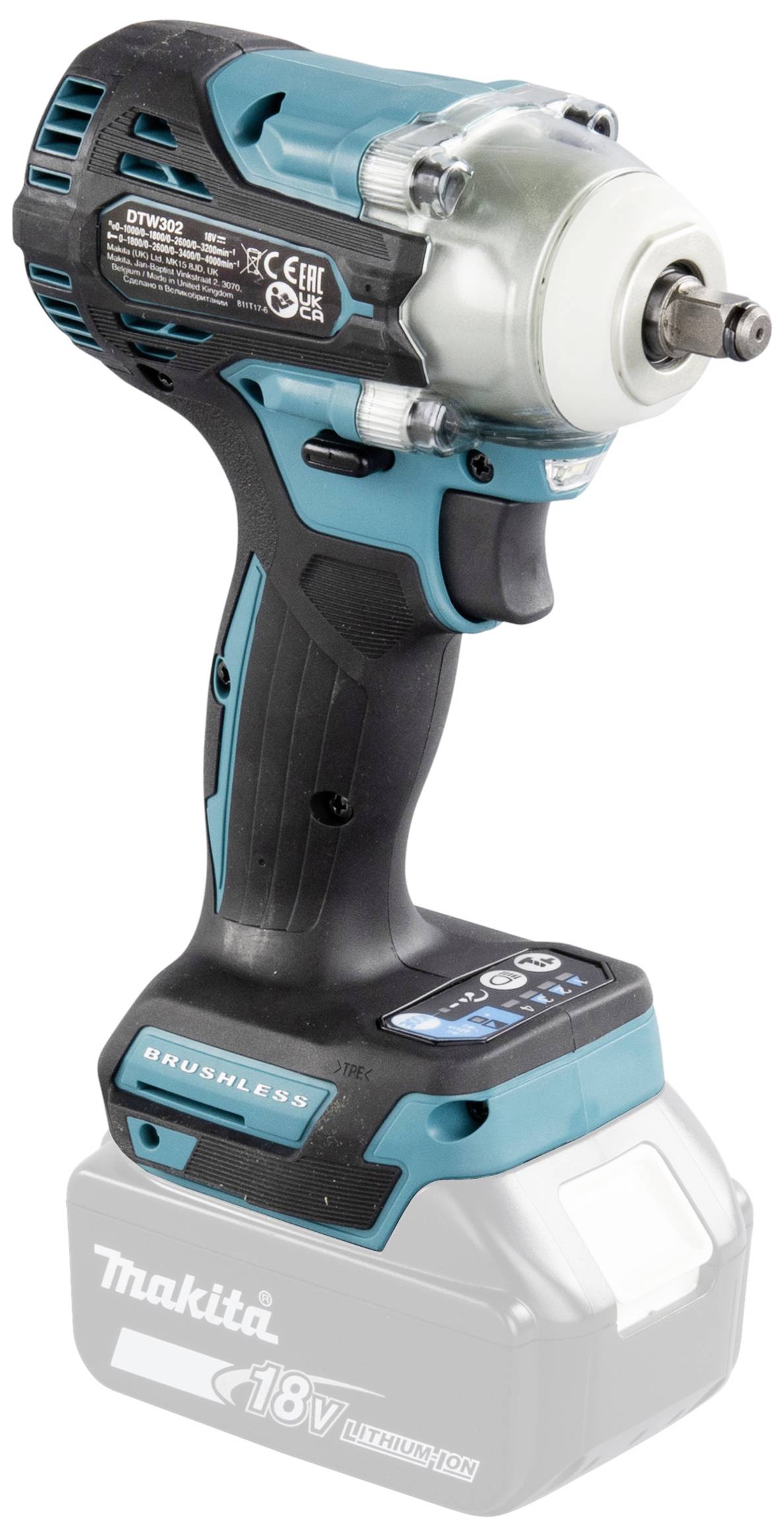 Bezdrátový akumulátorový rázový šroubovák v modré a černé barvě, s ergonomickou rukojetí, kovovým sklíčidlem a 18V lithium-iontovou baterií.