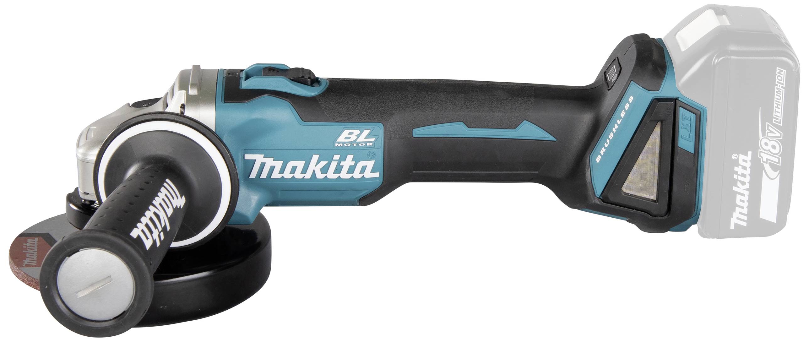 Akumulátorová úhlová bruska Makita s modro-černým tělem, postranní rukojetí a viditelným prostorem pro baterii.