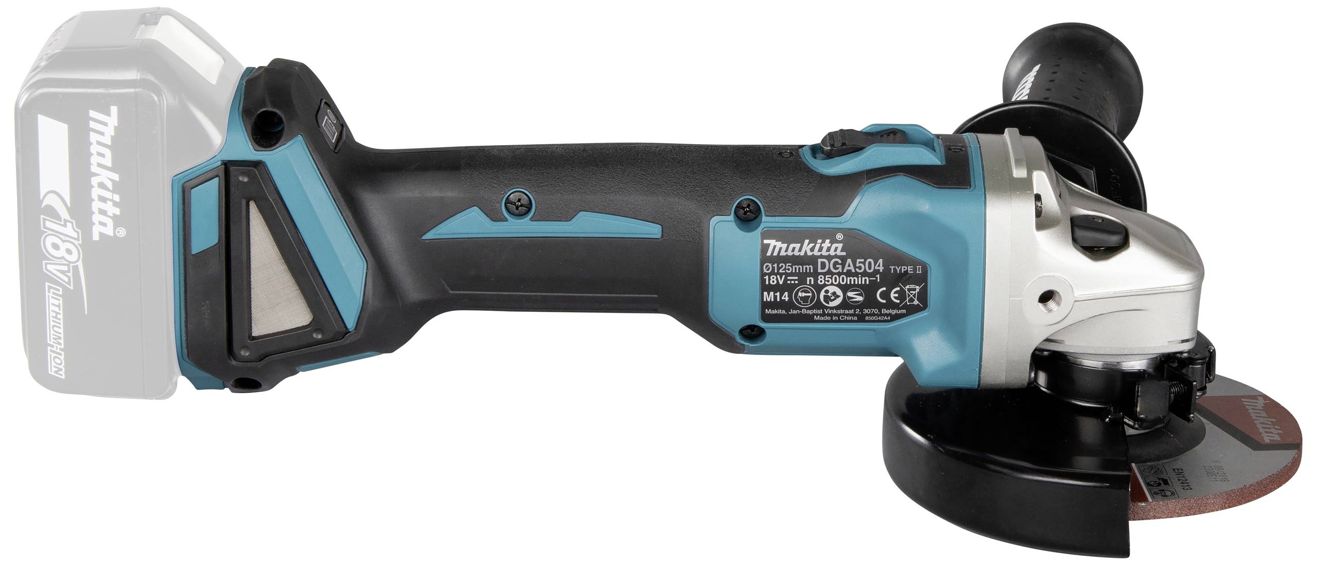 Akumulátorová úhlová bruska v modré a černé barvě, model Makita DGA504, s 18V lithium-iontovou baterií. Vhodná pro brousicí práce.