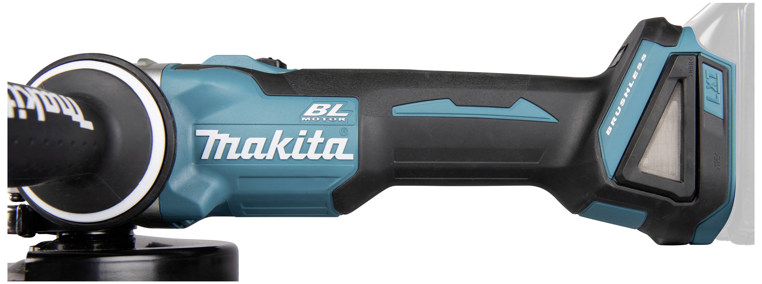 Modrá, bezdrátová úhlová bruska značky Makita s ergonomickou rukojetí a bezkartáčovým motorem.