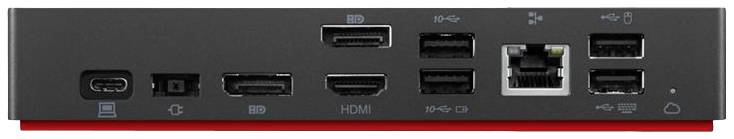 Černá dokovací stanice zezadu s rozhraními HDMI, DisplayPort, USB-C, čtyřmi porty USB-A a ethernetovým připojením.