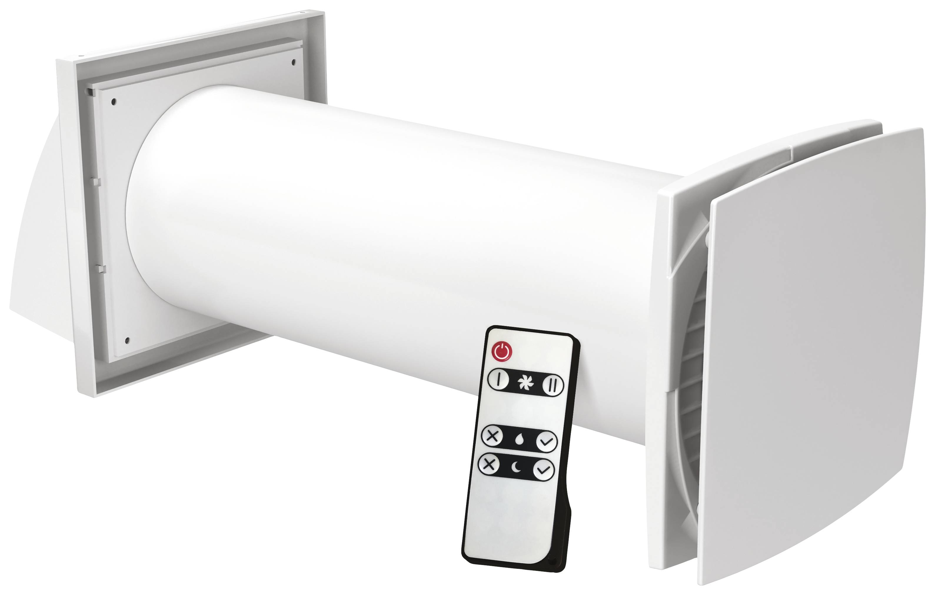 Bílý ventilační systém s obdélníkovými kryty a dálkovým ovladačem, který umožňuje ovládání různých funkcí.