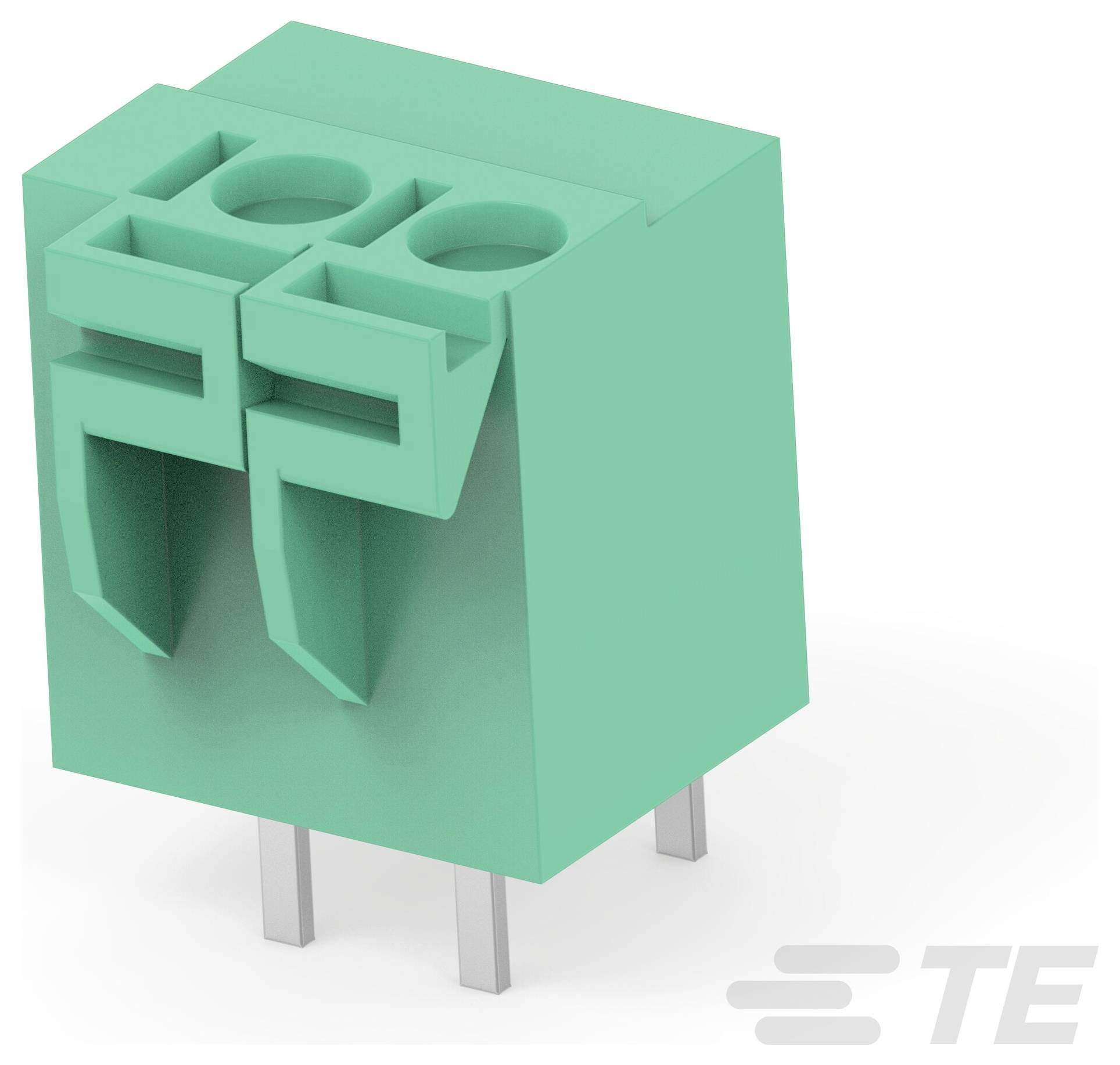 3D ilustrace zeleného elektrického konektoru se dvěma otvory pro vložení drátů, namontovaného na třech kovových kolících.