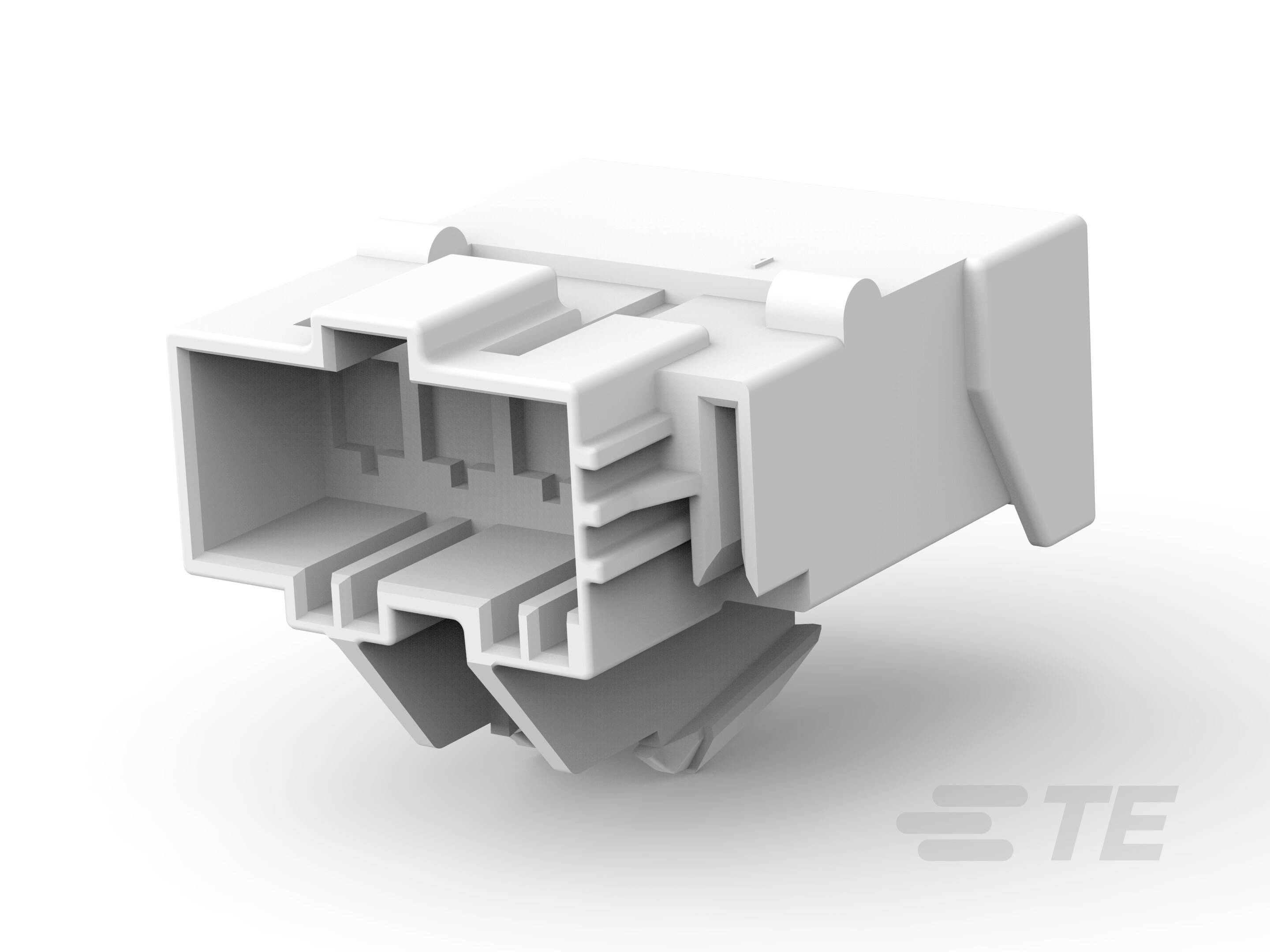 Bílý elektrický konektor obdélníkového tvaru s několika kontakty od společnosti TE Connectivity.