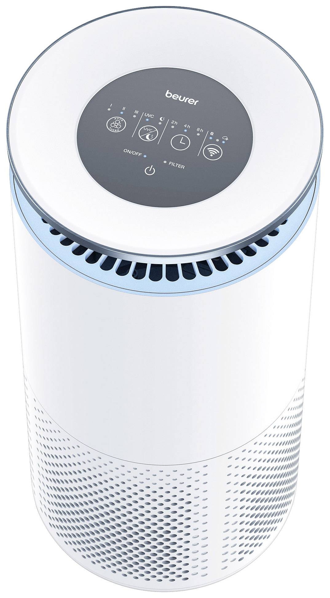 Kulatý čistič vzduchu s ovládacím panelem nahoře zobrazuje symboly pro rychlost ventilátoru, časovač a indikátor filtru. Nechybí vypínač zapnuto/vypnuto.