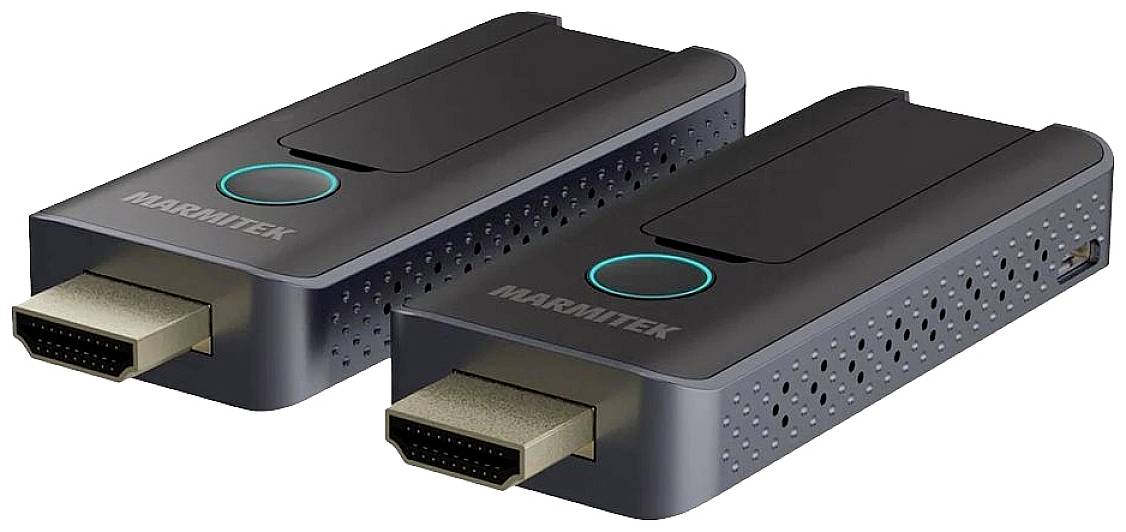 Dva černé HDMI dongly se zlatými konektory a modrým tlačítkem na horní straně, umístěné před bílým pozadím.