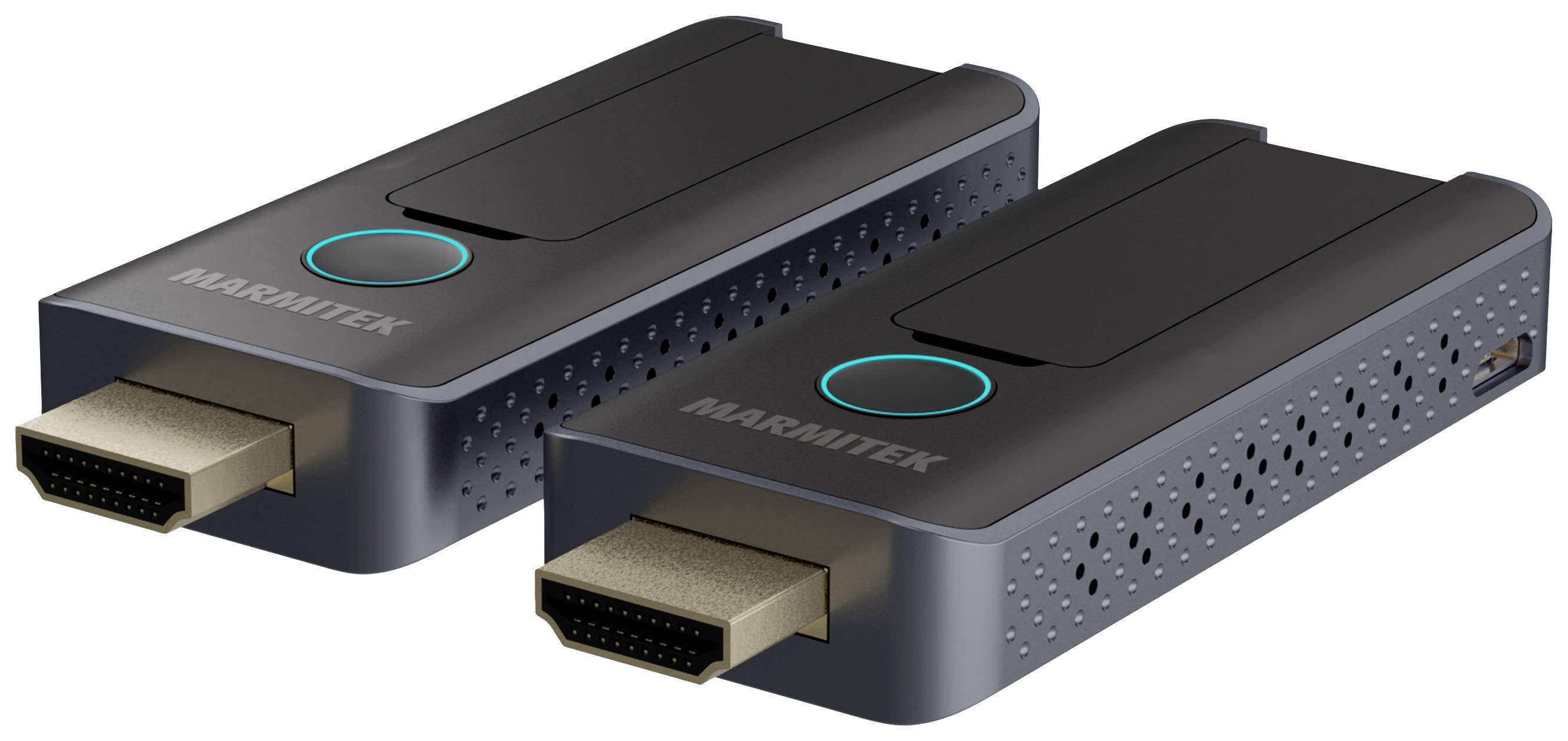 Dva černé HDMI dongly s logem značky a modrým LED prstencem. Slouží k bezdrátovému přenosu audio a video signálů.