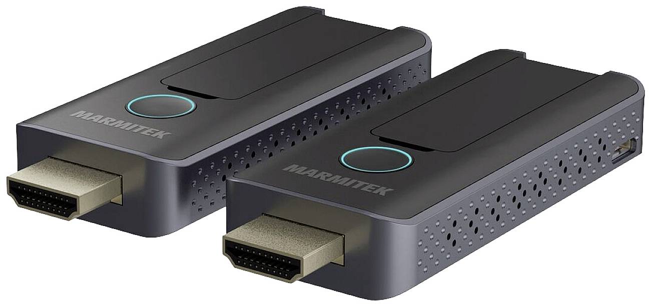 Dva HDMI dongly s černým pouzdrem a modrým svítícím kruhem. Jsou určeny pro bezdrátový přenos audio a video signálů.