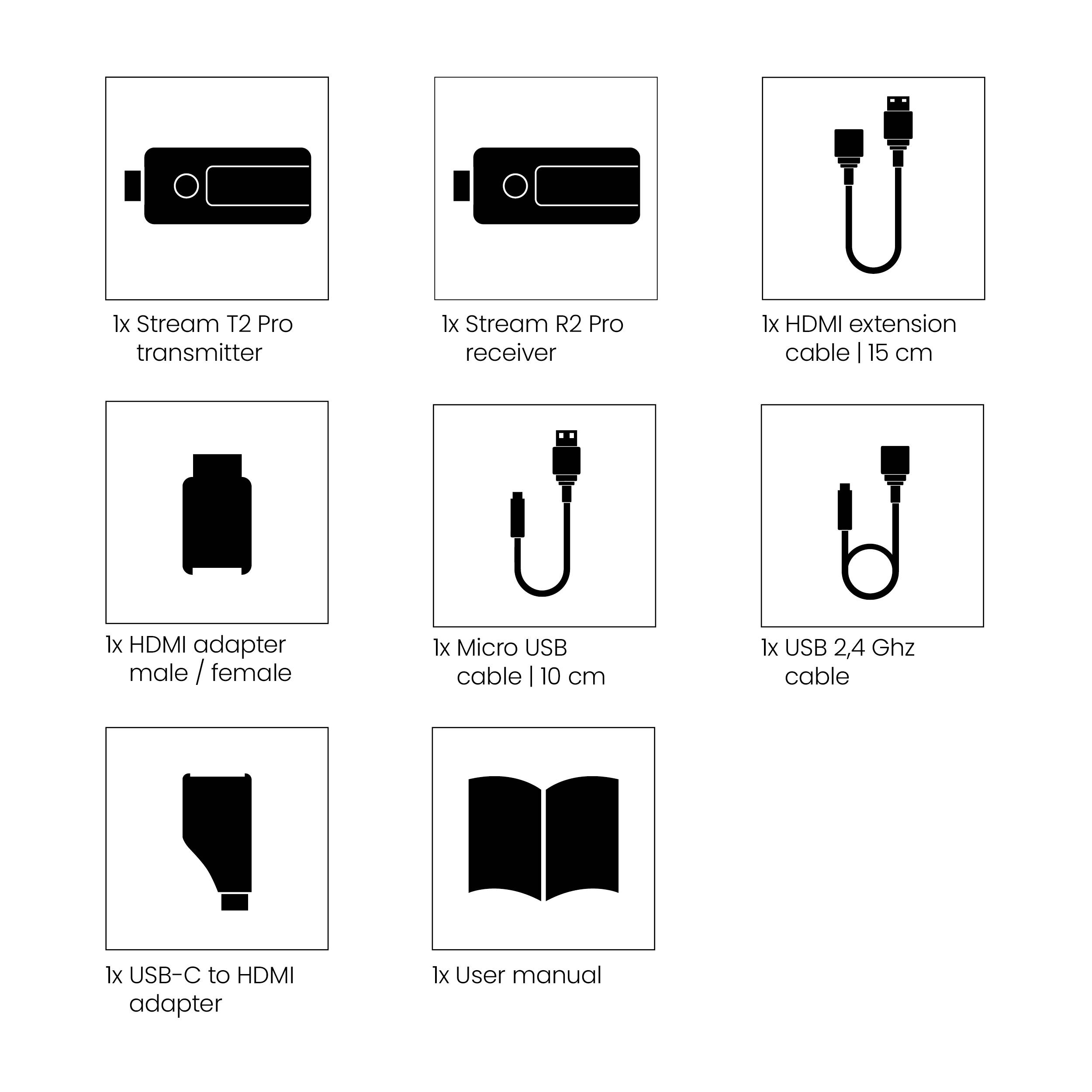 Vysílač 'Stream T2 Pro', přijímač 'Stream R2 Pro', prodlužovací HDMI kabel (15 cm), HDMI adaptér, micro-USB kabel (10 cm), USB kabel, USB-C na HDMI adaptér, uživatelský manuál.