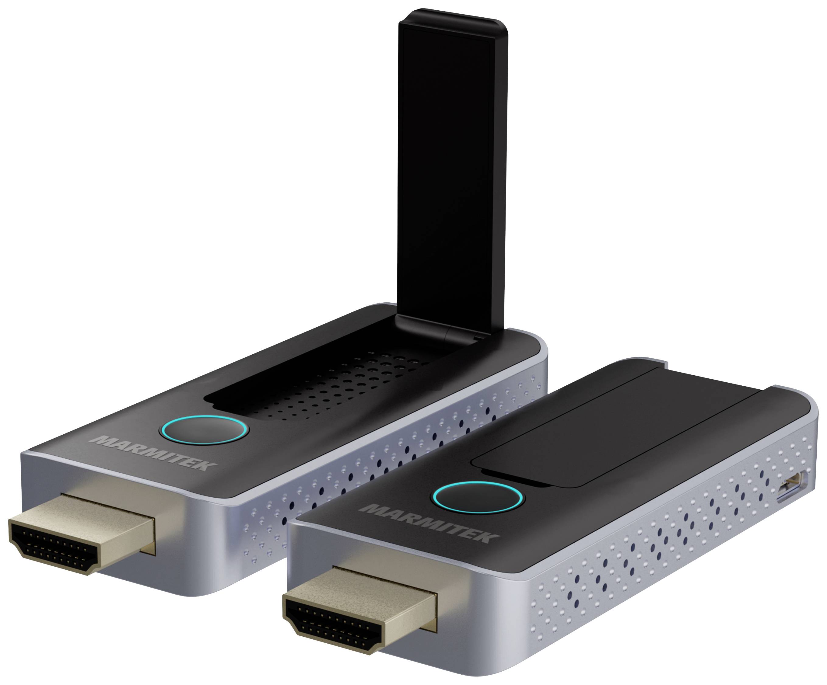 Bezdrátová sada HDMI vysílače a přijímače s černými a stříbrnými kryty. Přijímač má vysunutou anténu.